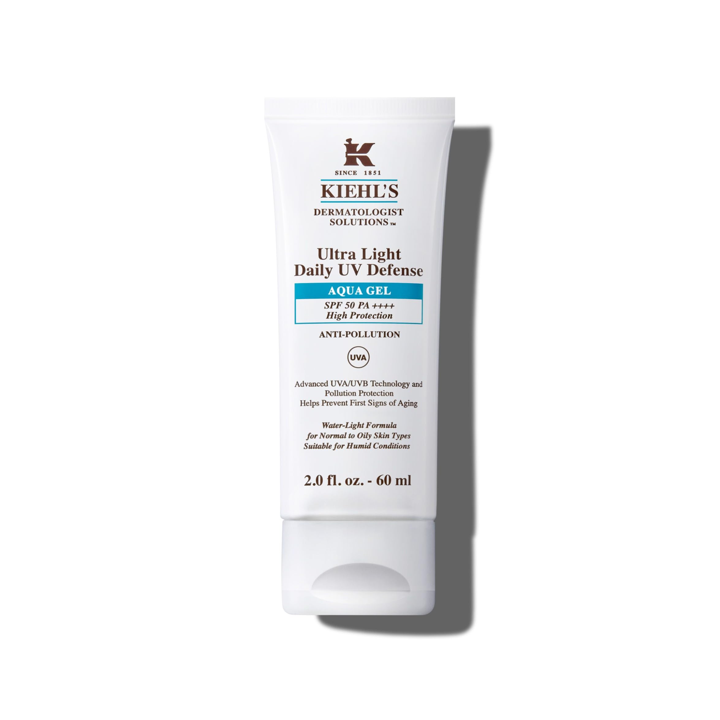 Kiehl's, Gel Crème Solaire Quotidien Ultra Léger SPF 50, Aqua Gel, Non-Comédogène, Fluide Solaire Visage Anti-UVA/UVB et Anti-Pollution pour Peau Normale à Grasse