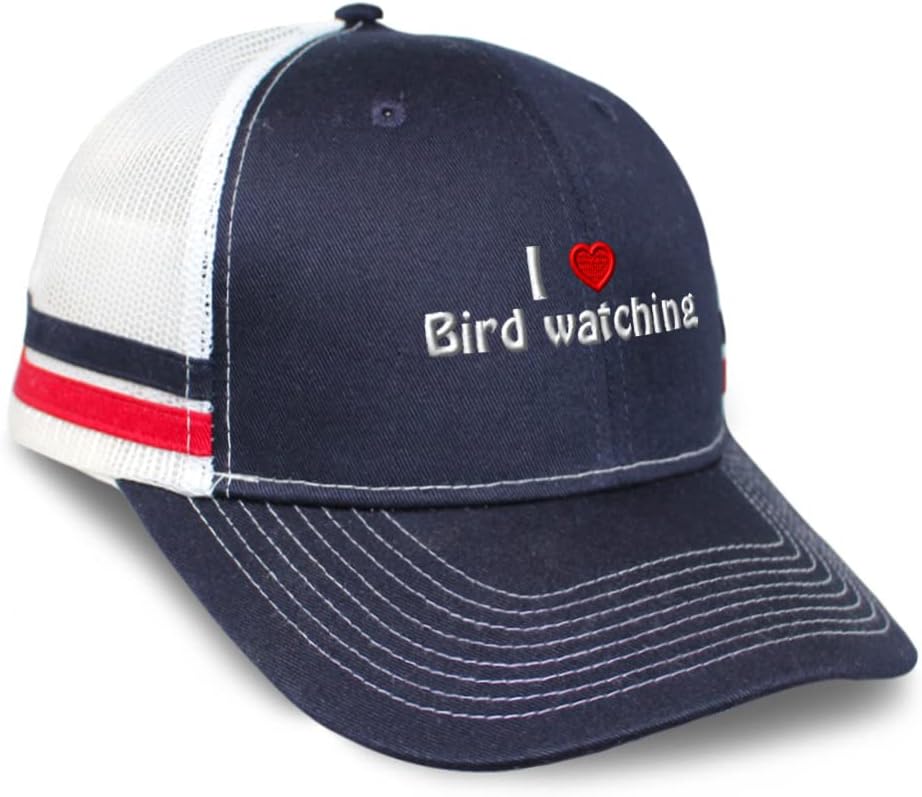 Custom Trucker Hat Baseball Cap I (Love) Bird Watching Red Heart Hobbies Lovers Birdwatching Bird Watching Cotton Lovers Dad Hats for Men & Women Navy White Stripes Design Only
