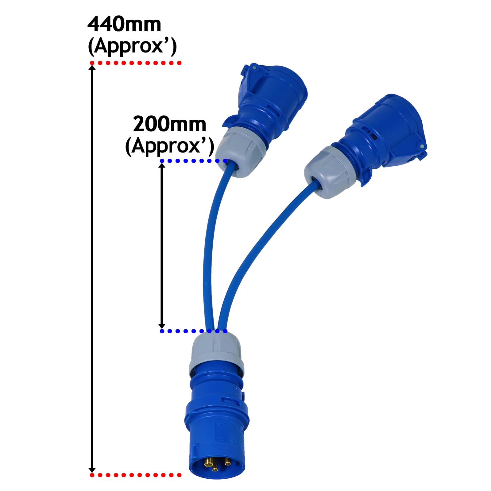 SPARES2GO Câble répartiteur 16 A 240 V pour Caravane, Camping-Car, raccordement bidirectionnel, pièce en Y, 2 Prises 16 A (Bleu)