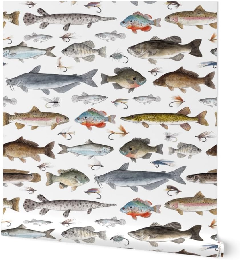 Peel & Stick Wallpaper 3ft x 2ft - Multicolor Fish Fishing Salmon Cabin Trout Fisherman Lures Sunfish Tackle Crappie Flies Fly Stream Custom Removable Wallpaper by Spoonflower