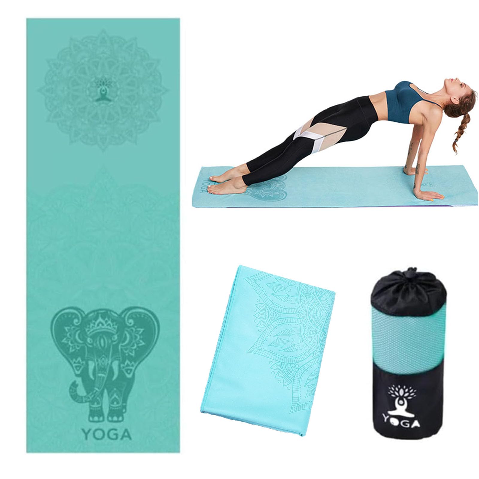 Oaygat Women's Light Cyan-Elephant Shape Hot Yoga Towel Non-Slip Hot Yoga Mat Towel For Mat Sweat Absorbent Yoga Blanket 24" X72" Fitness Pilates Yoga Gym Mat Towel Breathable Hot Mat Cloth For Bikram With Mesh Carrying Bag For Men