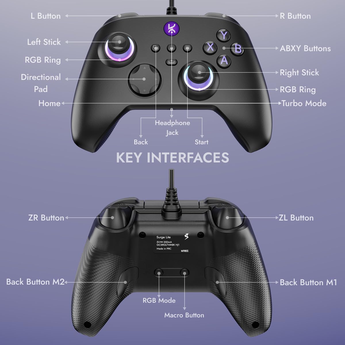 Kreo Surge LITE Wired Gaming Controller for PC | Hall Effect Joysticks & Triggers | 1000Hz Polling Rate | Dual Asymmetric Rumble | Turbo Mode | Programmable Macro Buttons | USB-A | Windows, macOS, Android Compatible — Amazon image 8