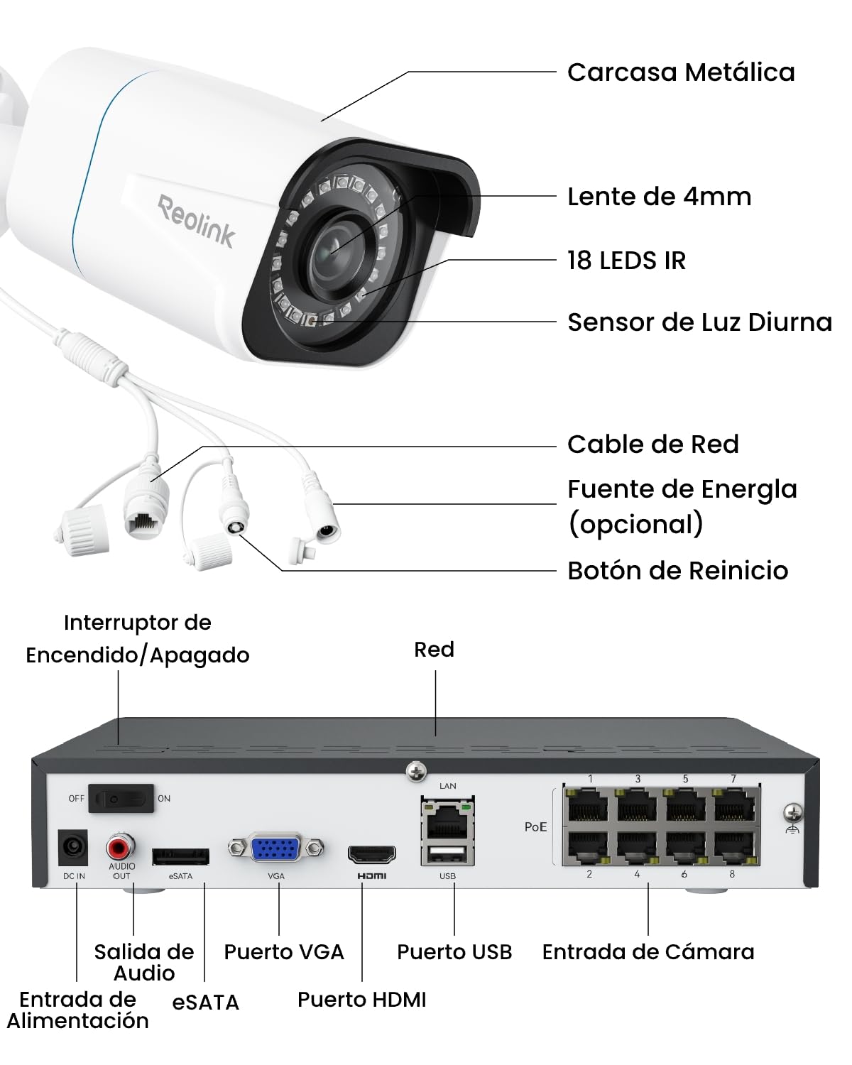Reolink 4K Kit de Videovigilancia PoE para Exterior, 6X 8MP Cámaras IP, NVR 8CH con 2TB HDD, Grabación 24/7, Detección de Personas/Vehículos, Visión Nocturna, IP67 Impermeable, RLK8-800B6