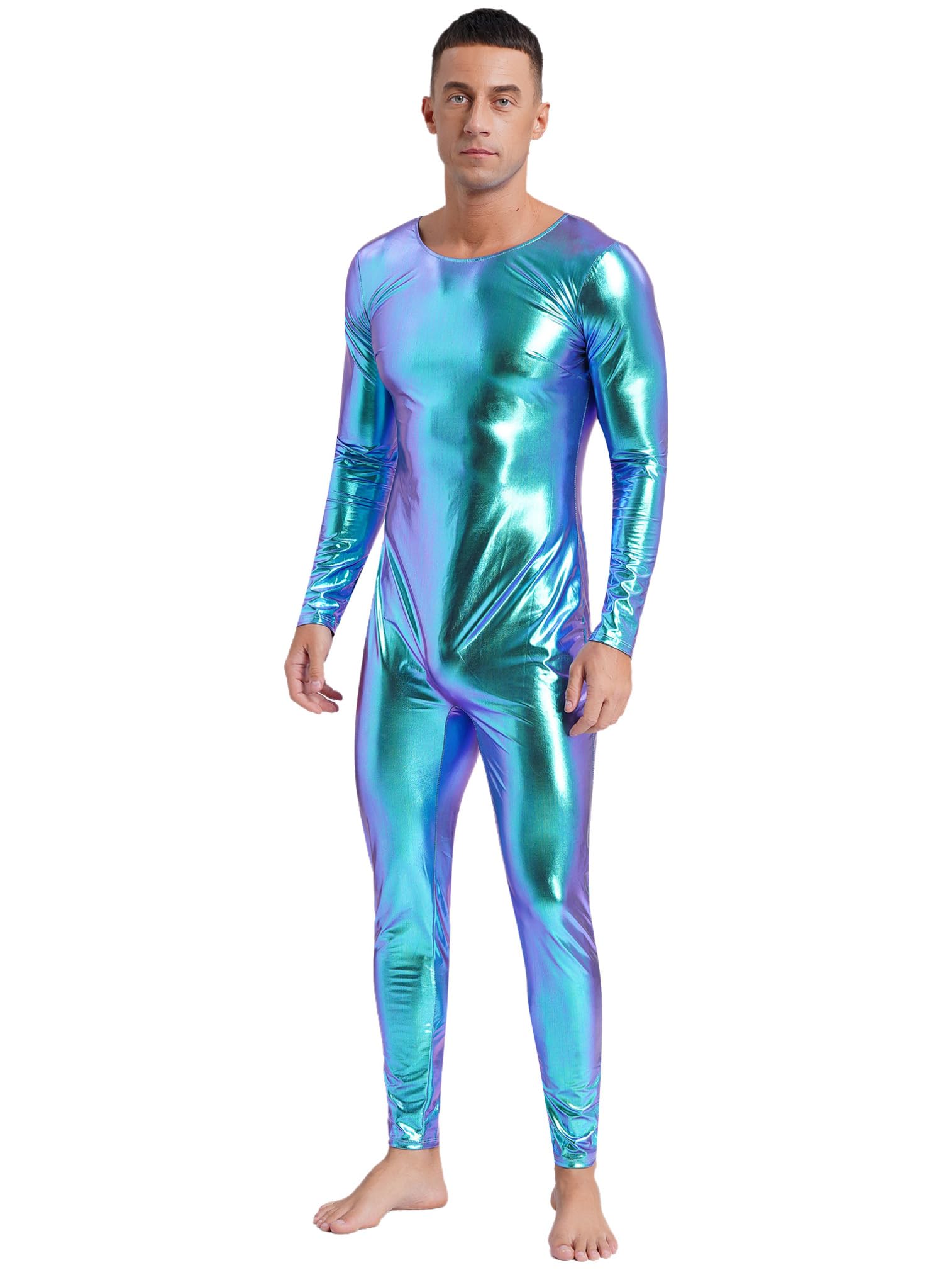 ranrann Homme Body Métallique Justaucorps Danse Manches Longues Combinaison Bodysuit Jumpsuit Unitard Clubwear