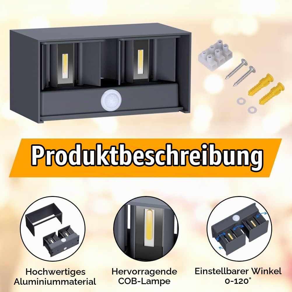 Klighten 24W Aussenlampe Außenwandleuchte mit Bewegungsmelder,2PCS Außenlampe mit bewegungsmelder Einstellbarer Lichtstrahl, Wandleuchte Warmweiß Außen/Innen für Garten/Flur/Weg,IP65,3000K,Anthrazit