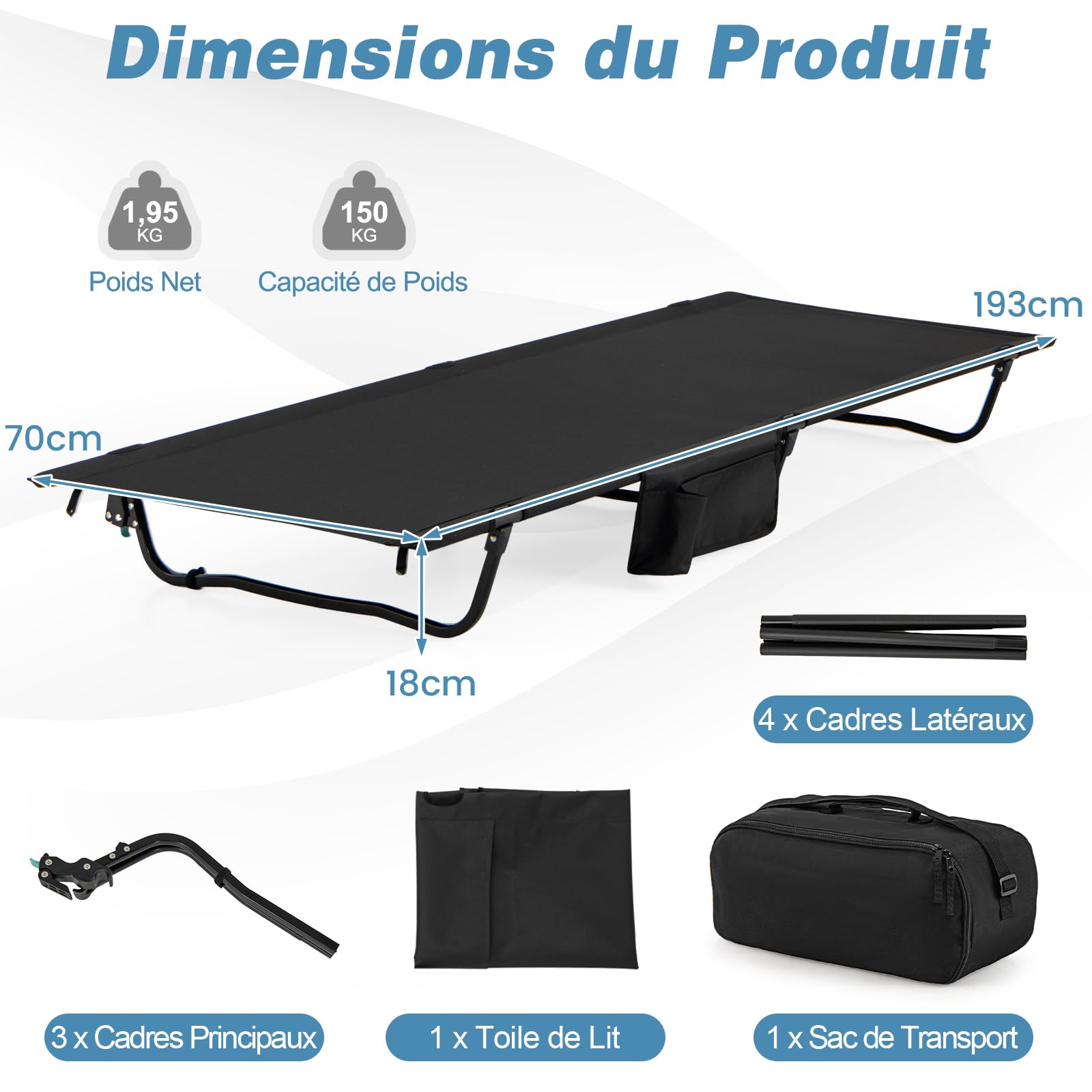 COSTWAY Lit de Camp Pliable 1 Personne, Poche Latérale, Sac de Transport, Connexion par Crochet, Lit Pliant Léger pour Randonnée Plage Bureau, Charge 150 kg, 193 x 70 x 18 cm