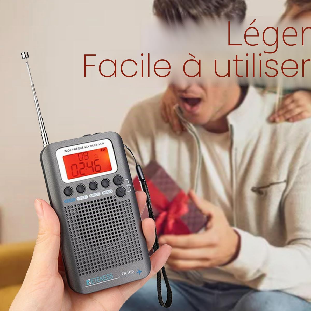 Retekess TR105 Récepteur à Ondes Courtes, Radio Portable Récepteur de Bande d'avion, FM AM SW CB AIR de Syntonisation Numérique avec Fonction Minuterie et Horloge,LCD,Cadeau(Gris)
