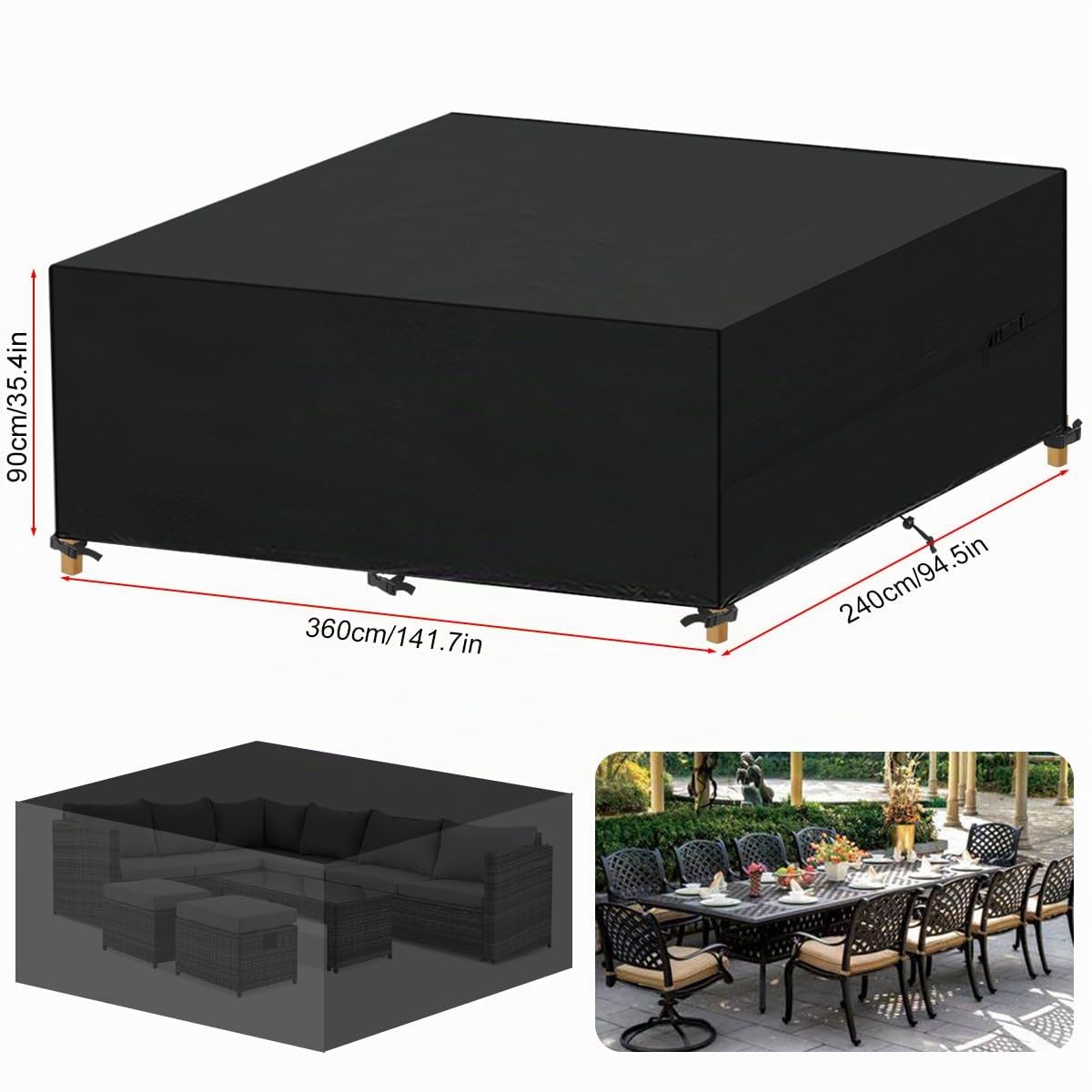 Abdeckhaube Gartenmöbel Anti-UV Tischabdeckung Outdoor Wetterfest | Schutzhüllen für Gartenmöbel Wasserdicht Abdeckung Gartenmöbel Winterfest Anti-UV Abdeckplanen für Loungemöbel 360x240x90cm