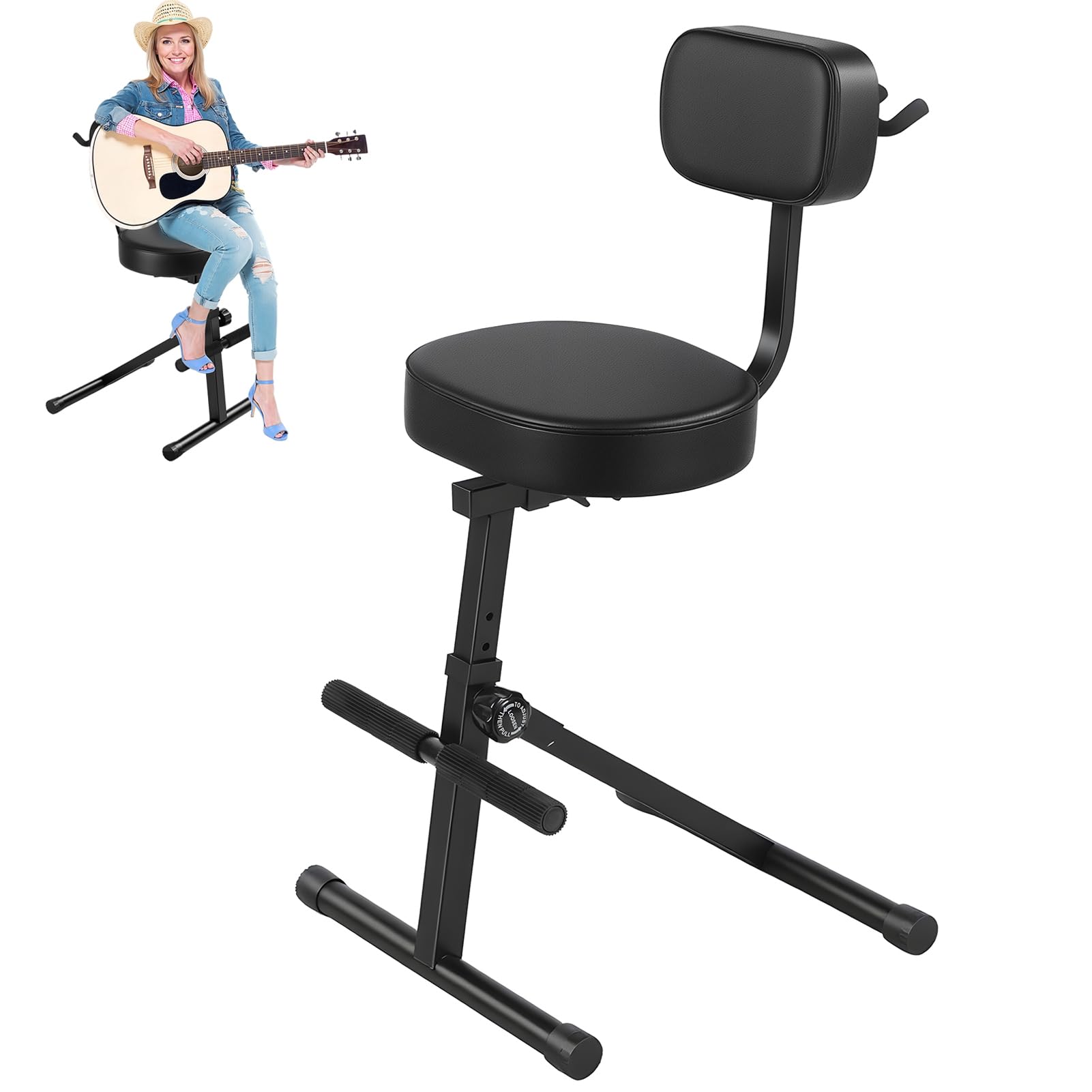 Guitar Stool with Padded Cushion, Adjustable Guitar Seat with Backrest &amp; Footrest, Foldable Guitars Chair &amp; Stand Combo for Drummer Guitarist Musician, 225lb Capacity Black