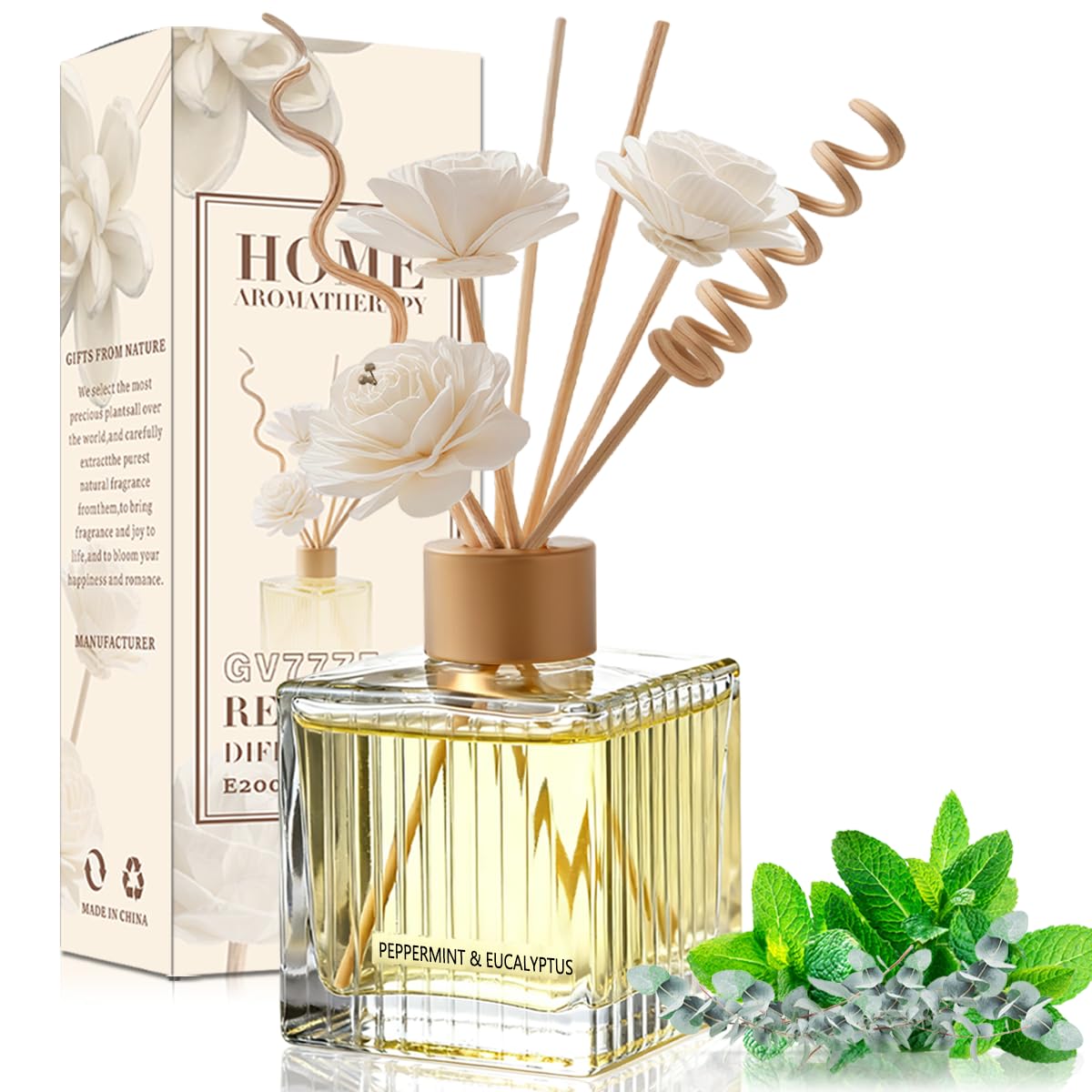 - Peppermint & Eucalyptus Reed Diffuser Set-6.7 oz Glass Bottle with 4 Rattan Sticks,3 Dried Flowers,Adjustable,Long-Lasting Scent for Home,Bedroom,Living Room,Office,Bathroom,Aromatherapy Gift Set