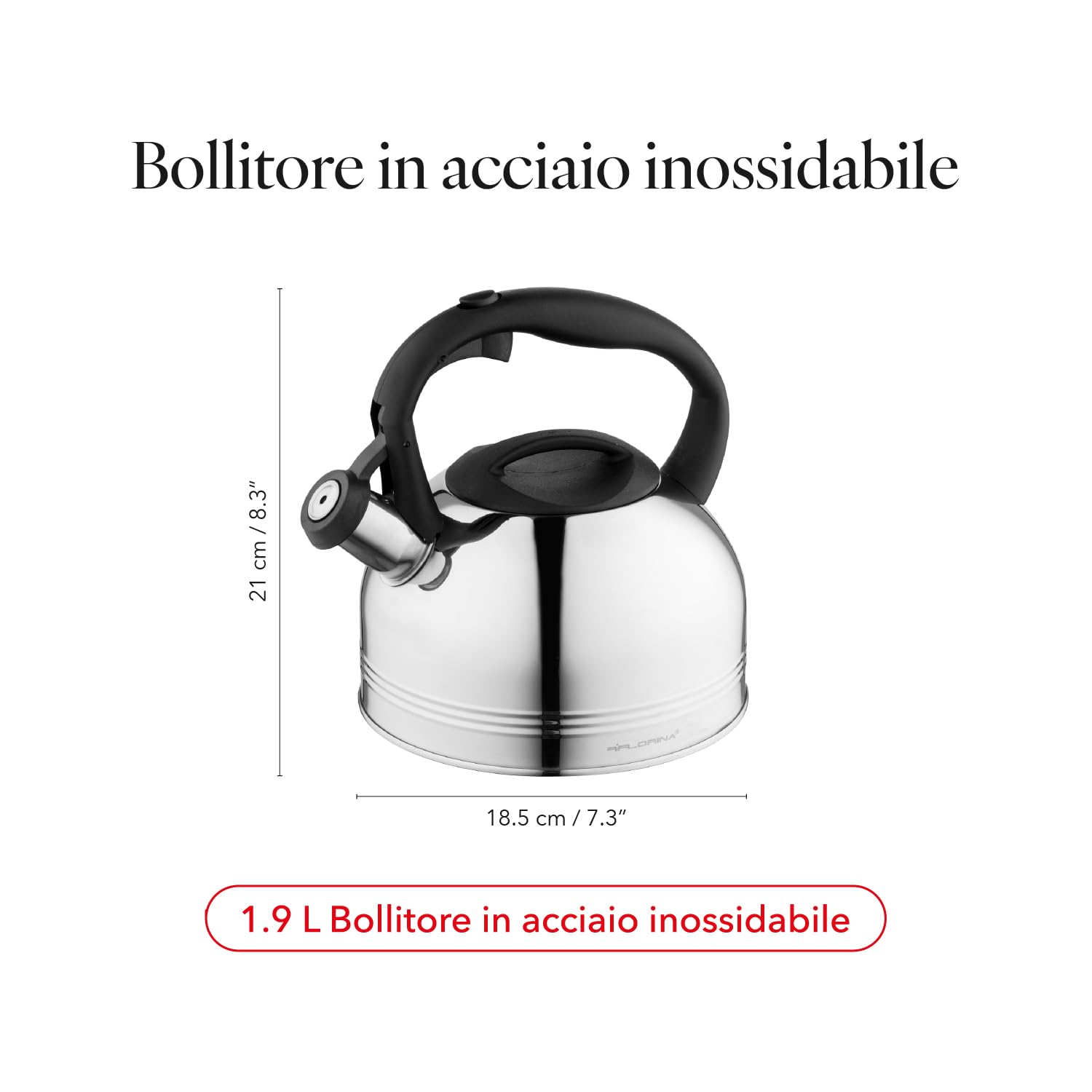 FLORINA Bollitore Acqua (1,9 l) I Bollitore per Tè in Acciaio Inox ANTER I Bollitore con Fischio Automatico I Manico in Bakelite I Teiera Induzione I Adatto a Tutti i Tipi di Fornello I Argento