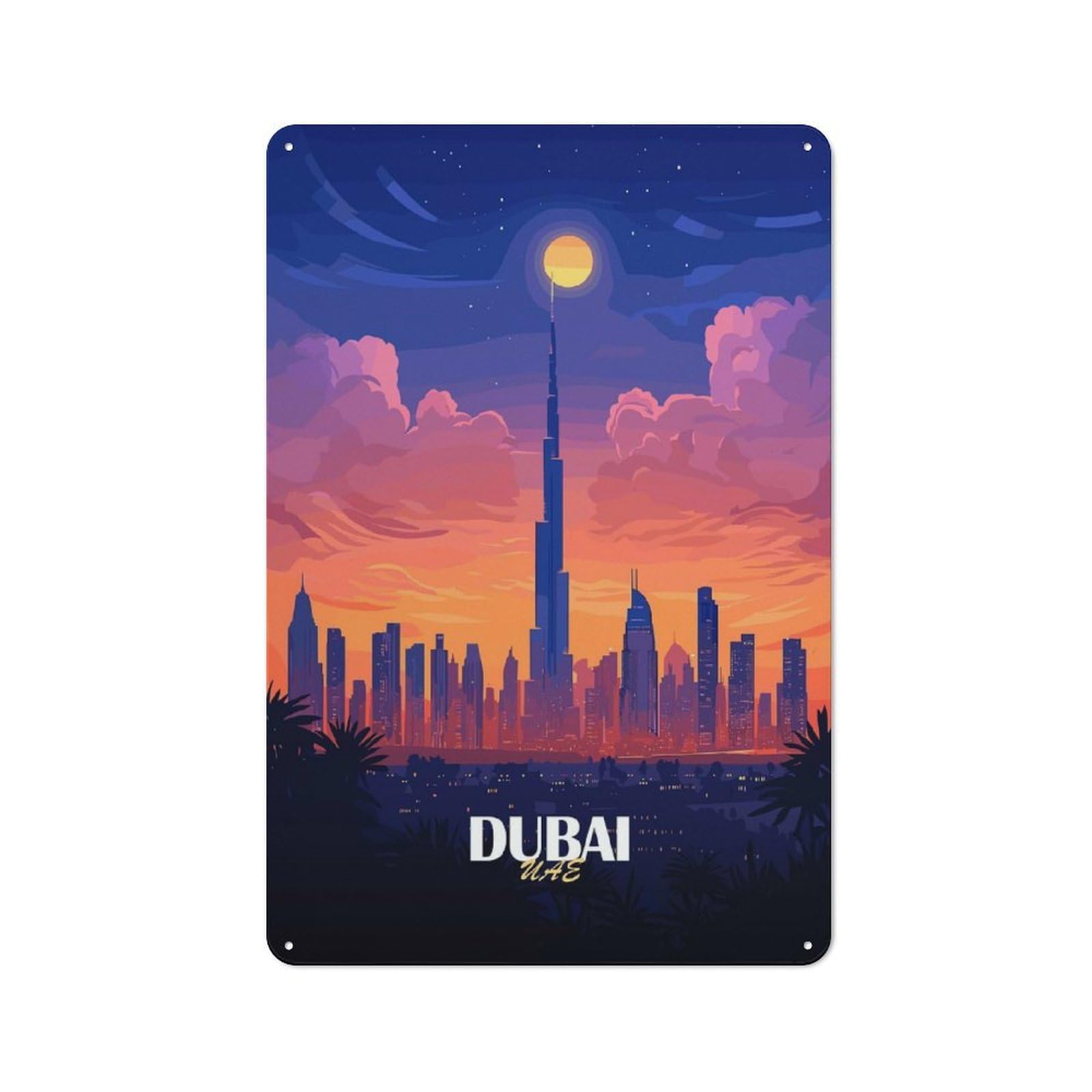 Junmoney Dubai Skyline At Sunset Tin Sign 30X20cm With For Living Room Wall, Rustic Decor, Seasonal Metal Wall Decor For Autumn Interiors
