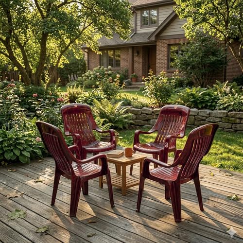 Image of Oaknest Unboxing Furniture Celloo Premium Plastic Relaxing Chair with Armrests | Ergonomic High-Back Lounge Seating for Home, Garden & Balcony (Rosewood), Count of 4