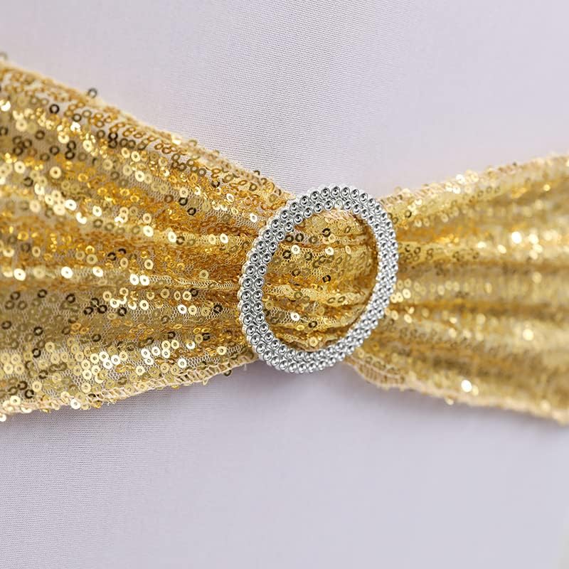 10pcs Shiny Sequin Chair Ribbon Sash Stretch Glitter Chair Sash Band Knotted with Round Buckle for Hotel Party Wedding Pink 10pcs (T Blue 10pcs)