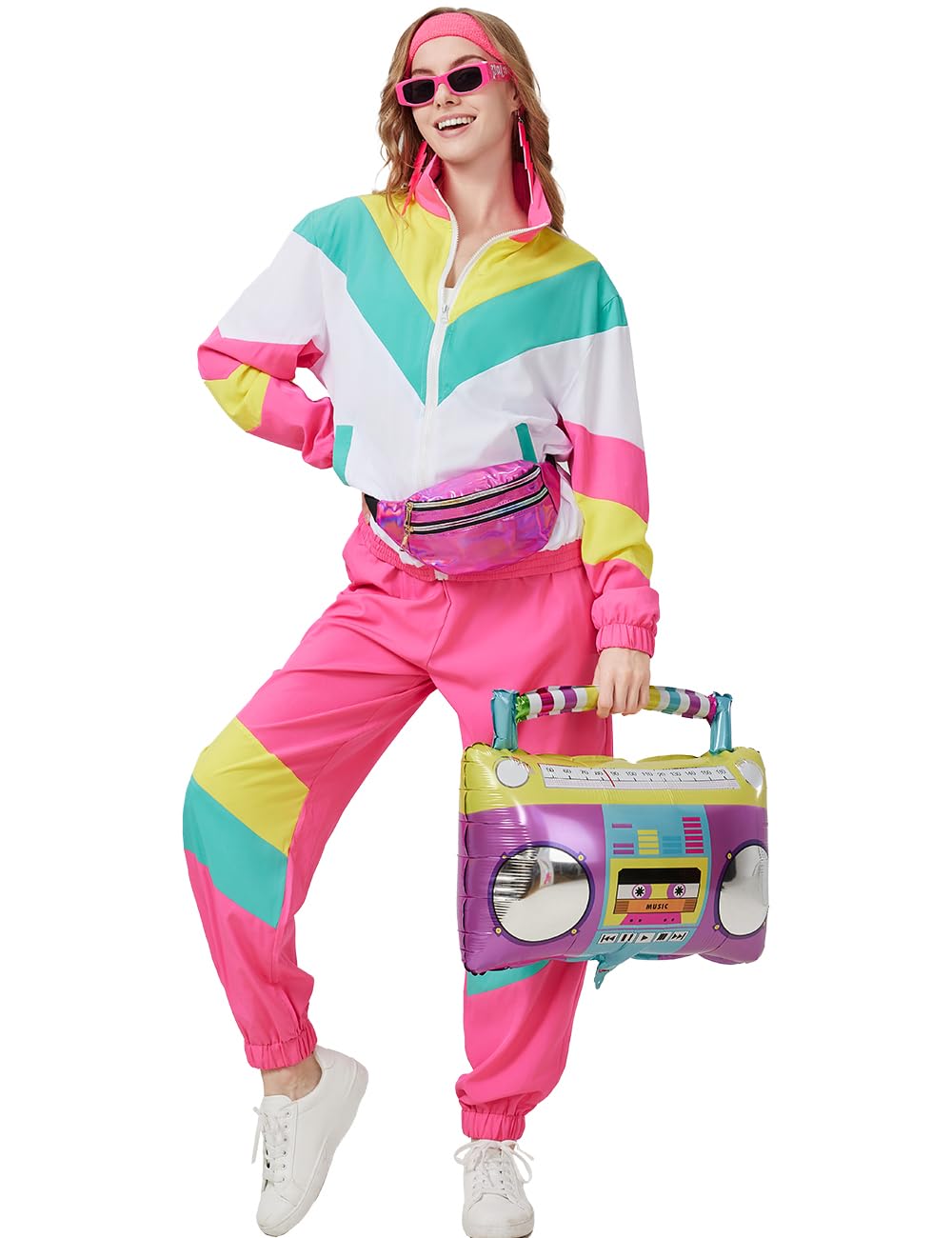 Déguisement 80 90 Année Femme 80s 90s Survêtement Rétro Tenue 80 90 Annee Costume Accessories pour Carnaval Halloween