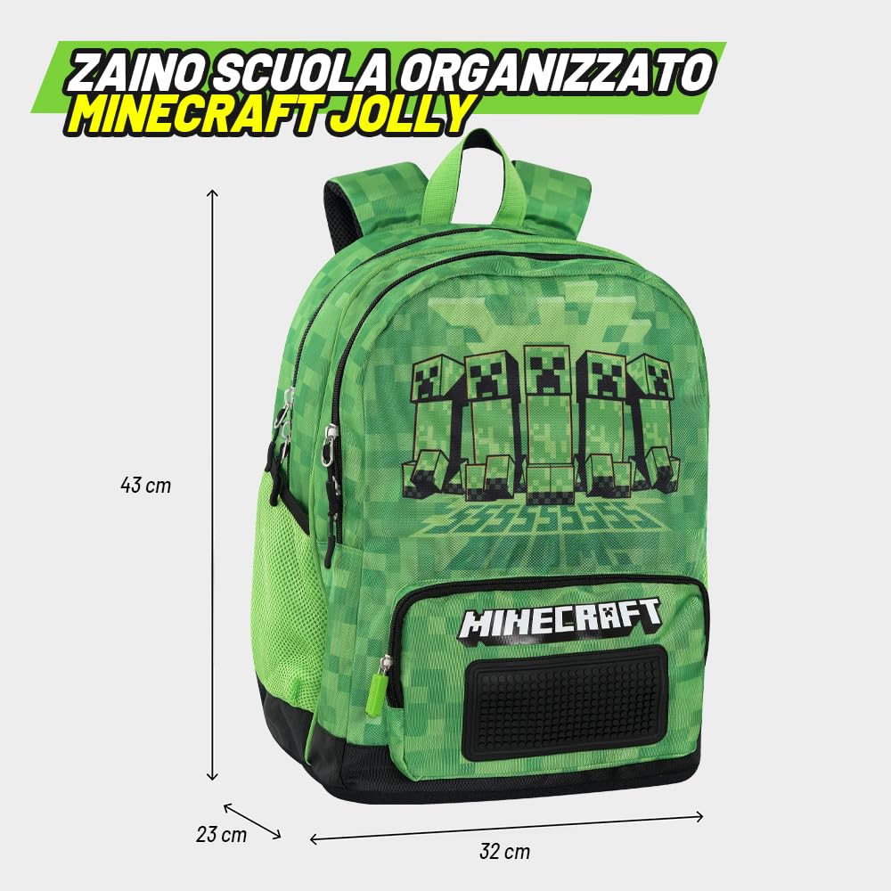MINECRAFT Online Exclusive - Zaino Scuola Minecraft, con 2 Ampi Spazi Centrali, Tasca Frontale, Tasche Laterali in Rete, Spallacci Regolabili Imbottiti, Retro e Fondo Termoformati, 32x43Hx23cm