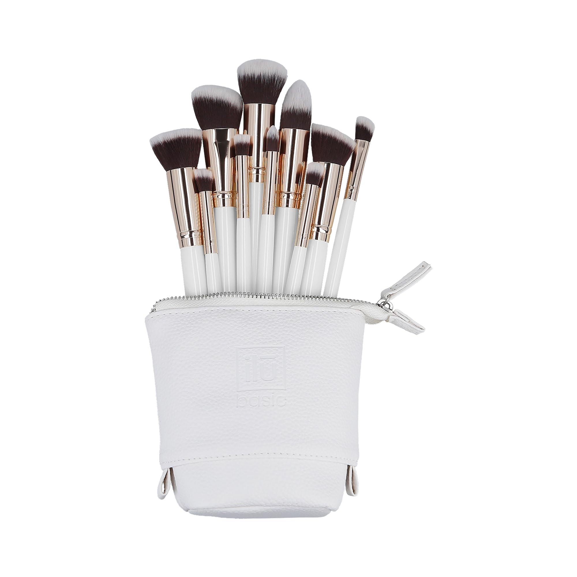 Ilu - Set Pennelli Trucco 10 Pezzi Bianco Kabuki Professionale Per Viso e Occhi Contouring Applicazione Precisa Organizer Vegan Con Borsa Make-up Portatile Pennelli Sintetici Eleganti