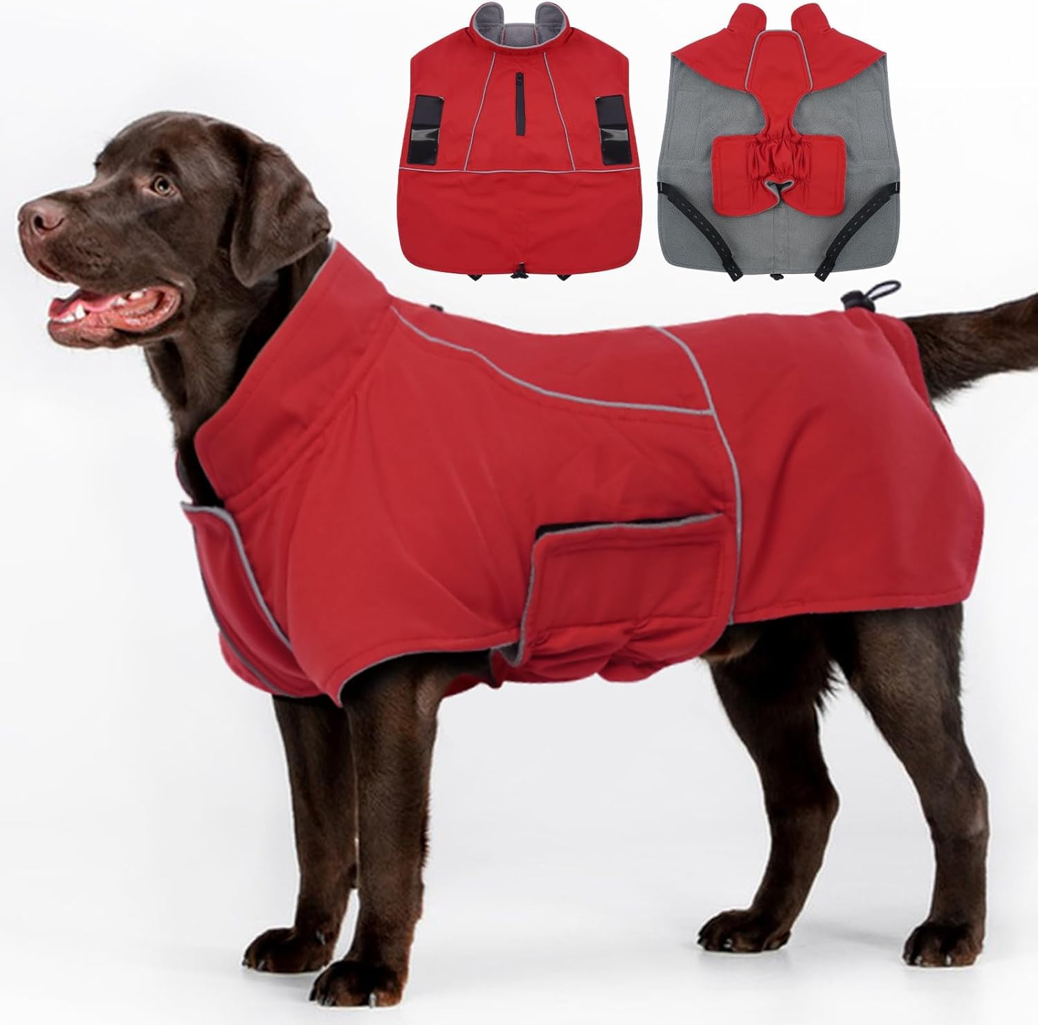 Hundemantel Wasserdicht, Warmer Hundejacke für Große Hunde, Hundemantel Fleece, Hundejacke mit Reflektierender Streifen Labrador, Regentag, Cheng Rot 3XL