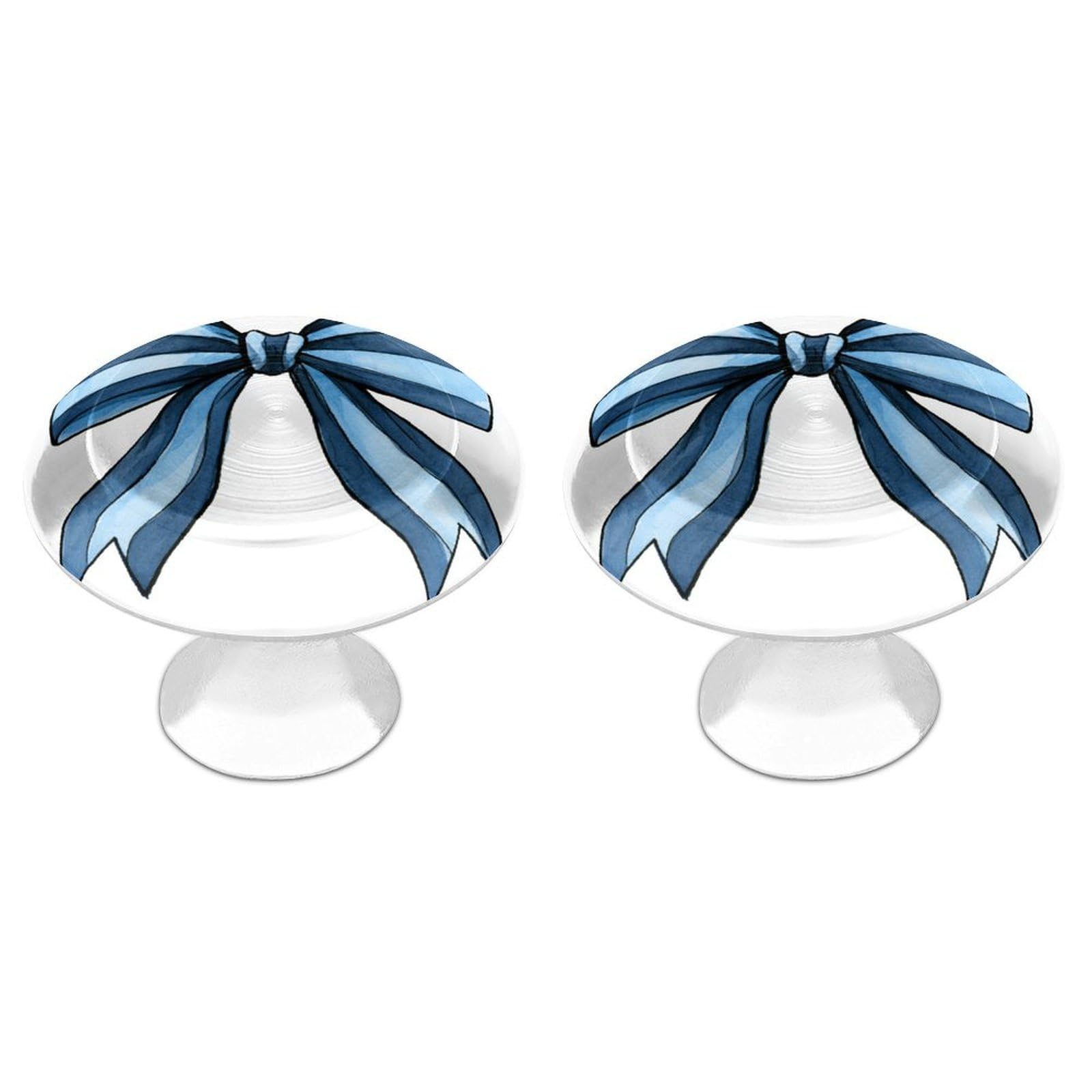 Jubonexis Navy Powder Blue Striped Bow with Ribbon Tails Round Drawer Cabinet Knobs Handles with Screws,2 Pcs, Drawer Dresser Knob Pulls Decor for Wardrobe Cupboard Home Office Kitchen