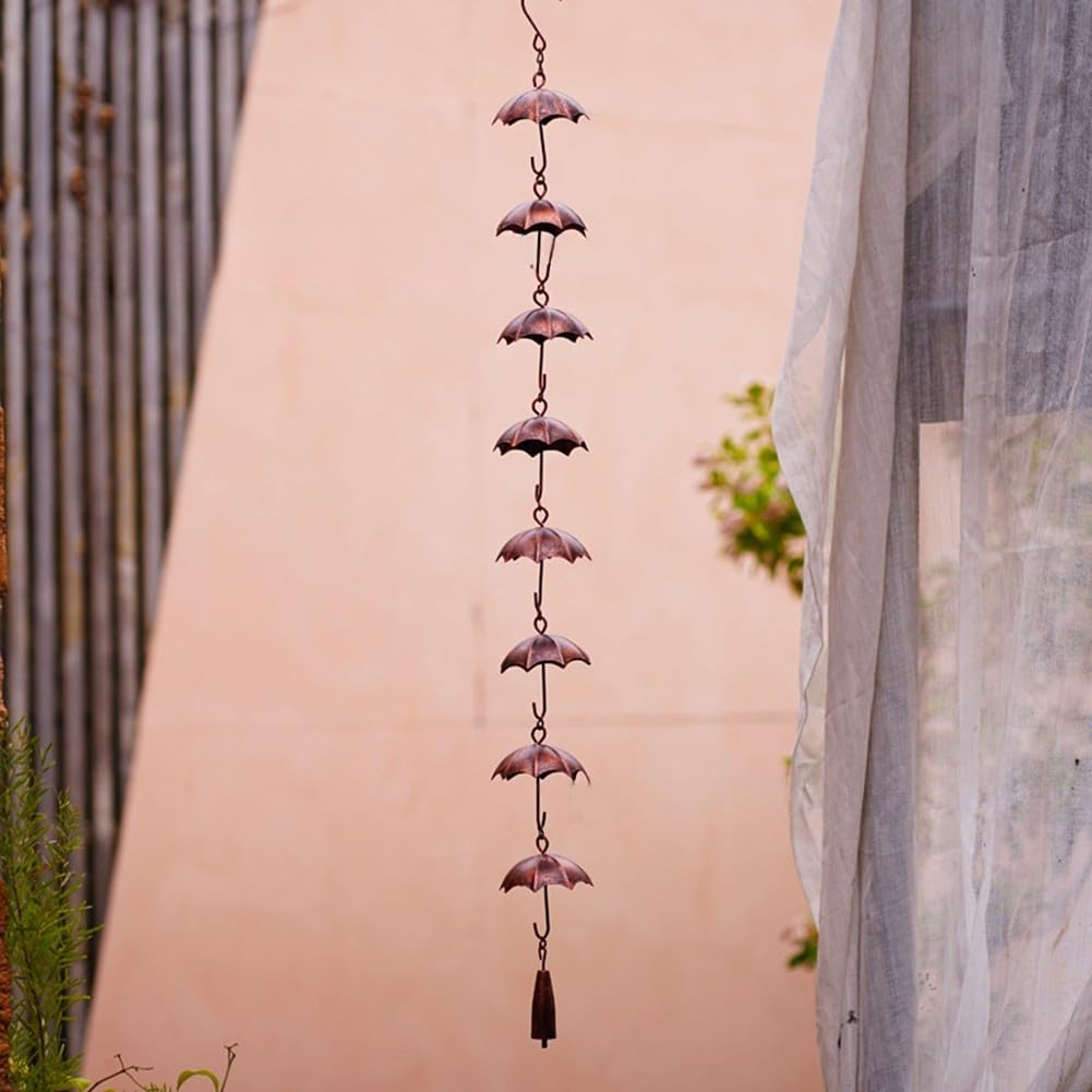 Cadena de lluvia de metal con 8 copas de paraguas, desviador de agua de techo resistente a la corrosión de 39 pulgadas, alternativa de drenaje de jardín a la bajante para decoración de patio