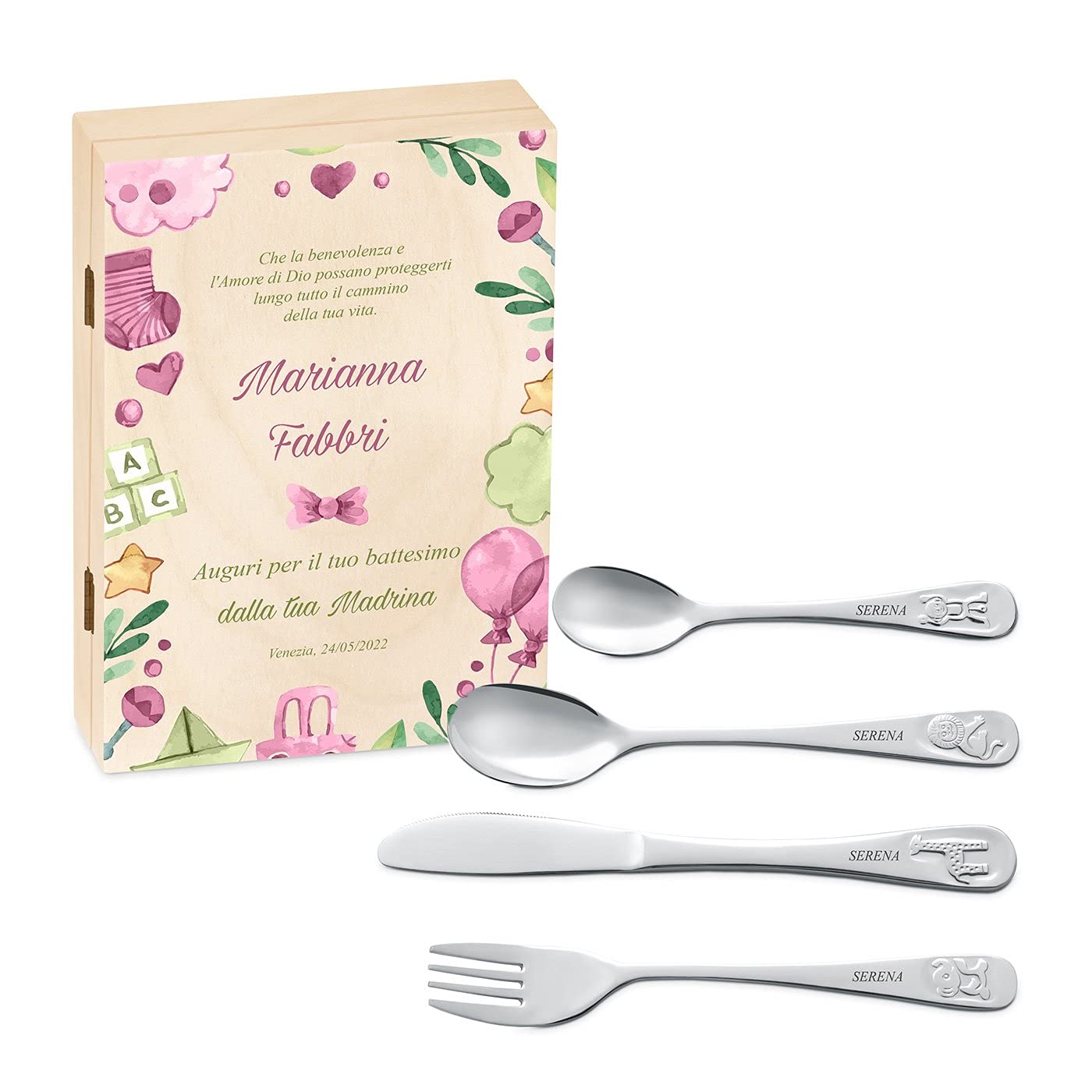 Maverton Set di 4 posate per bambini con incisione + scatola in legno con stampa personalizzata - motivo animali - idea regalo neonata femmina - decorazioni