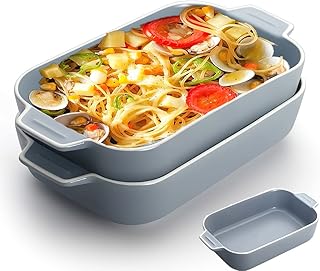 Lot de 2 plats à lasagnes rectangulaires en céramique avec, petits plats de cuisson colorés four à table, parfaits le four, les lasagnes, les plats de cuisson individuels (bleu)