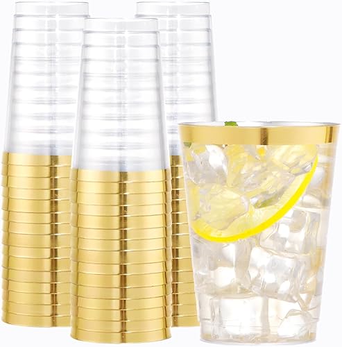 Miniatura 8 de WDF Paquete de 60 vasos de plástico dorados  Vasos de plástico con borde dorado de 9 onzas  Vasos de fiesta desechables dorados resistentes para