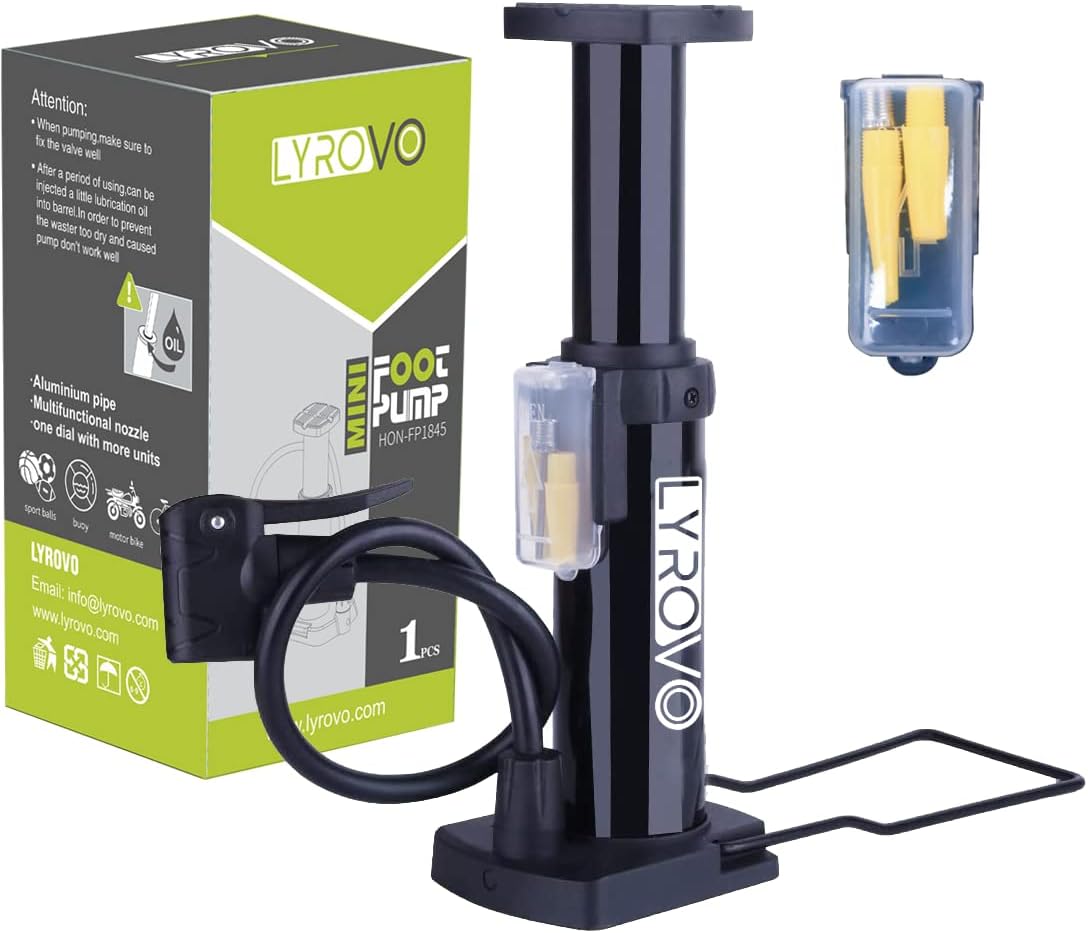 Lyrovo Bike Floor Pump Portable Bicycle Foot Pump Compatible with Presta & Schrader Valve Tire Pump Lightweight Hand Foot Activated Tire Inflator for Road Bike Mountain Balls, Black, 17.5 x 9 x 6 CM