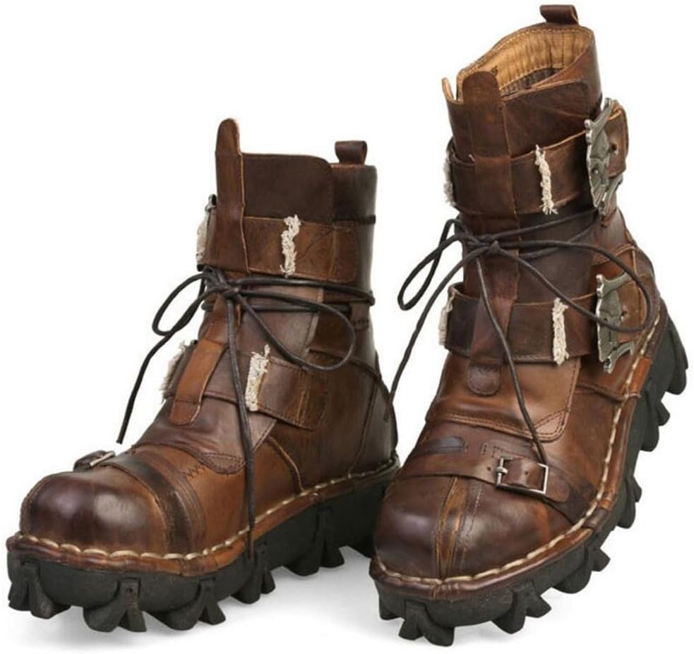 Lorie & Knight Mens Brown Genuine Leather Military Army Boots Gothic Skull Punk Motorcycle Boots