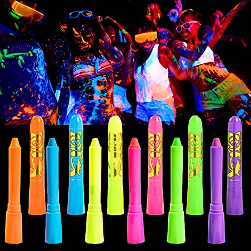 12 Pack Glow in The Dark Face Paint Kit, Washable Neon Facial Body Paint Sticks Crayons, Face Painting Kit Fluorescent Mardi Gras Halloween Makeup Marker for Kids Adult (6 Colors)