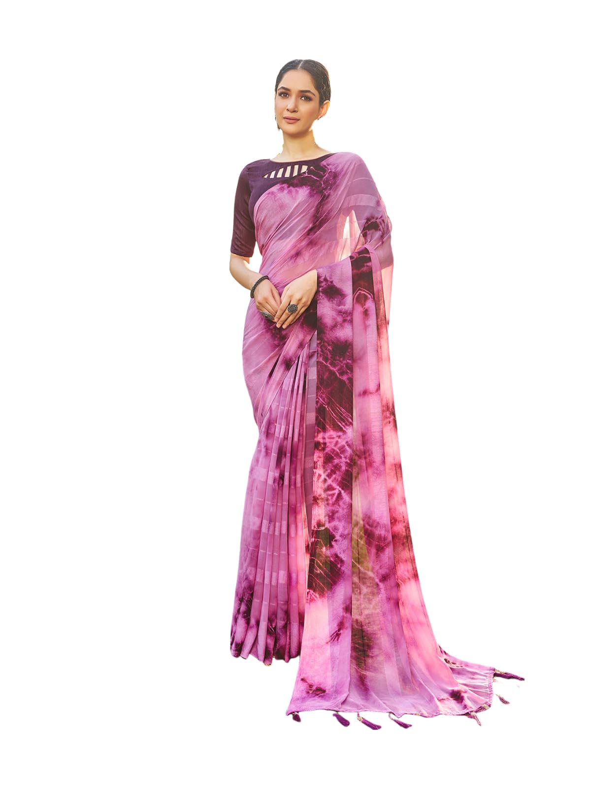 Satrani Women's Georgette Printed Saree With Unstitched Blouse Piece (3646S1372N_Pink & Wine)