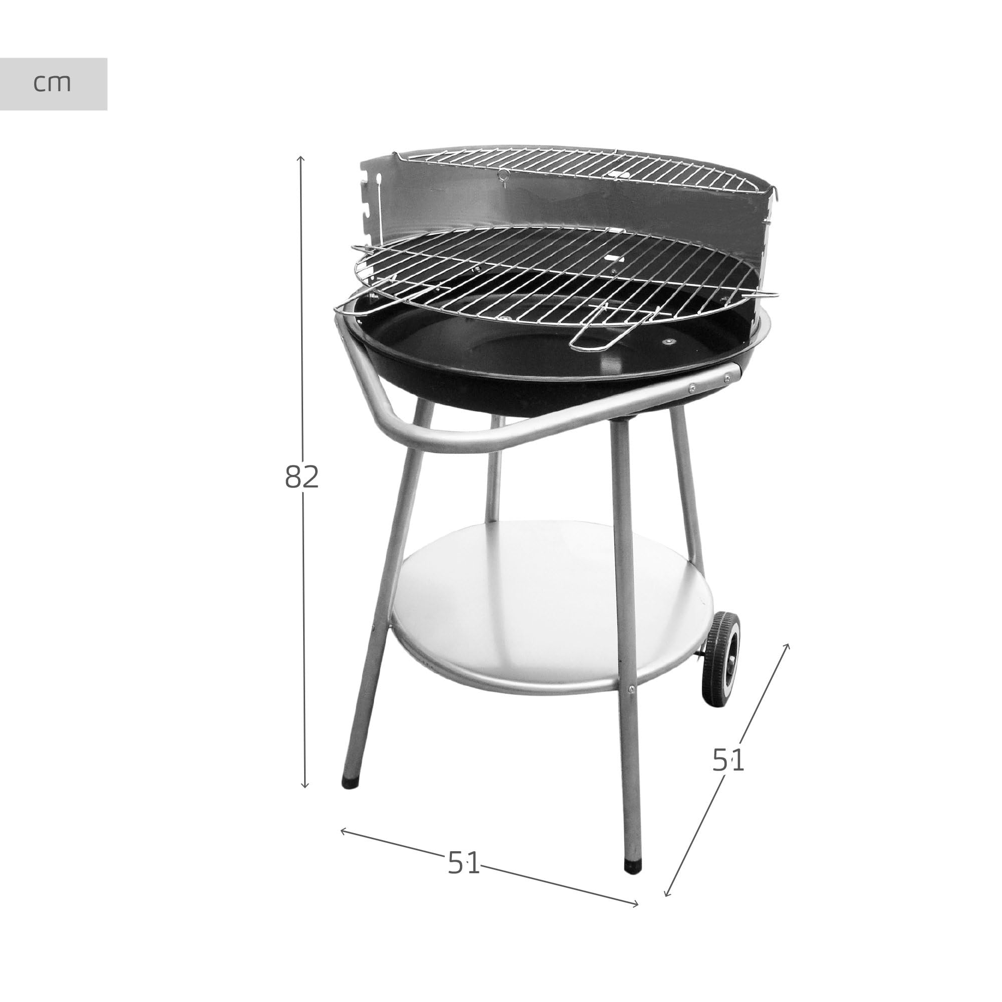 AKTIVE Barbecue rotondo a carbonella Ø51x51x82 cm, Facile da trasportare e portatile, 4 altezze regolabili, Include due griglie in acciaio e due comandi rimovibili