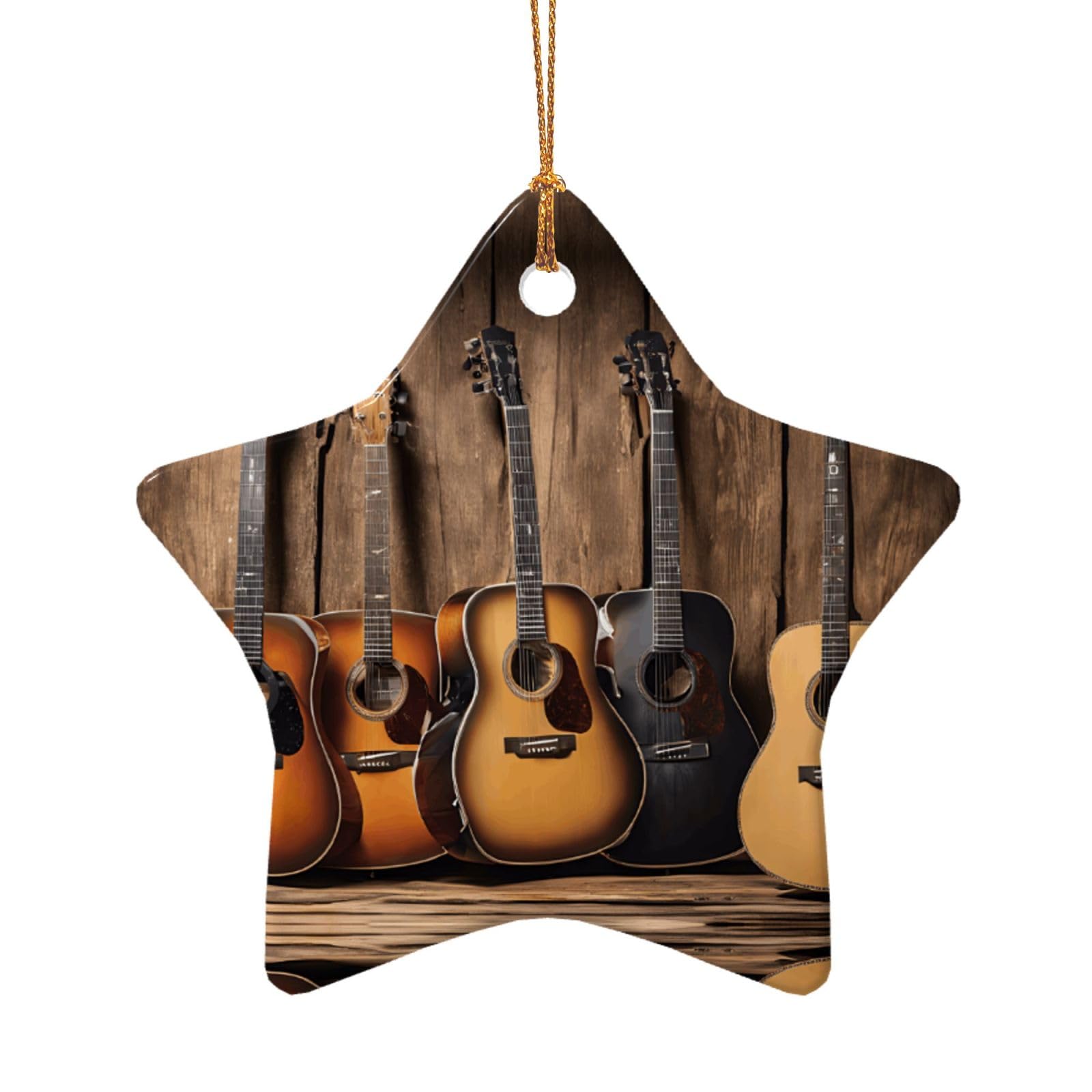 Kfrxxzqb Star Shape Guitar Bass Music Musical Instruments -Print Ceramic D Pendants - Handmade Porcelain Ornaments Gold String For Christmas Home Decor.