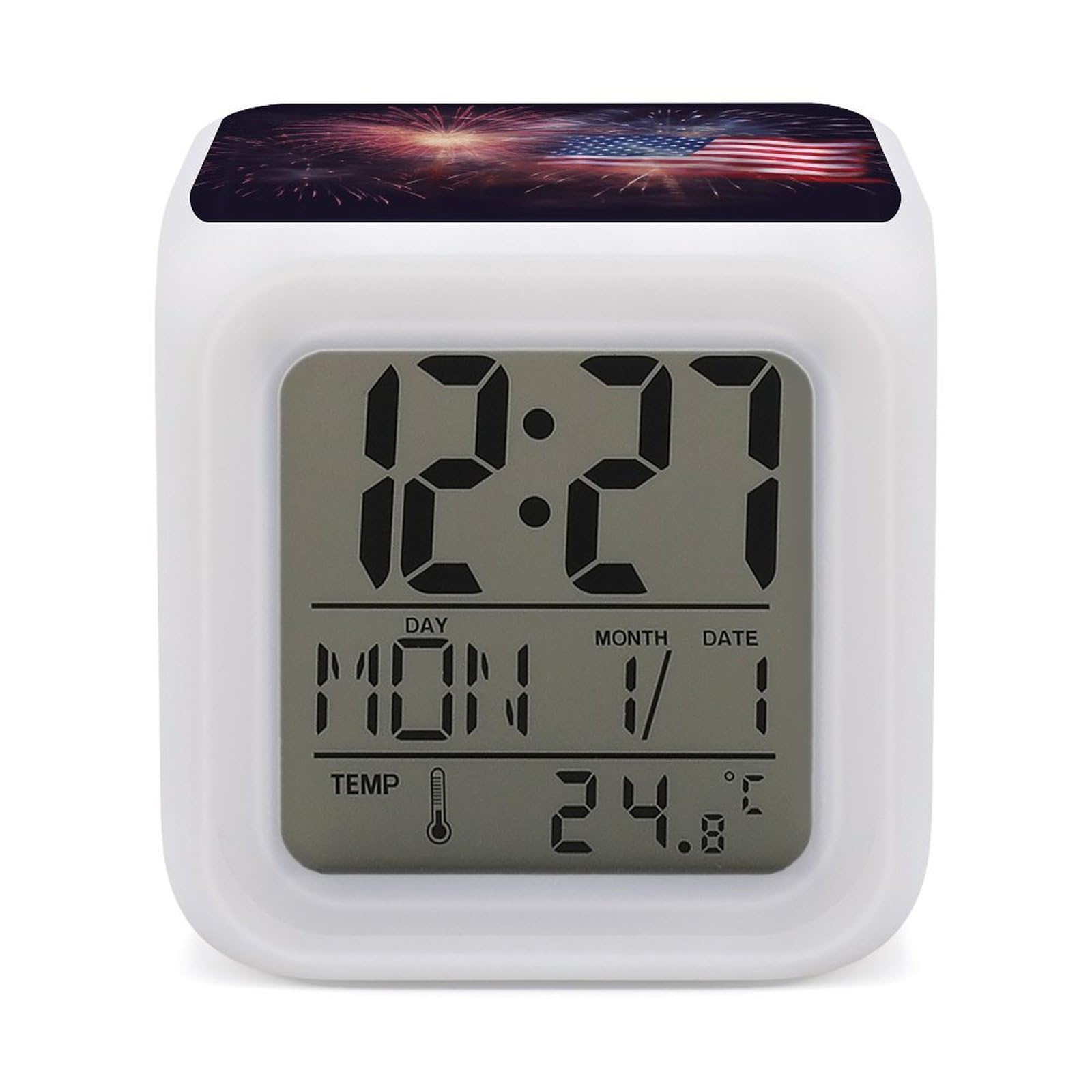 JTREHY 7 Color Changing LED Digital Alarm Clock,Firework American Flag 4Th of July Printed Wake-up Clock with Temperature Display Home Decoration Alarm Clock for Bedroom Office