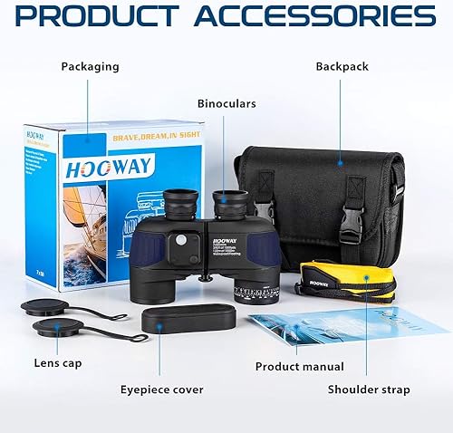 Miniatura 7 de Binoculares militares marinos a prueba de niebla, binoculares Hooway de 7 x 50 pulgadas con telémetro interno y brújula para navegación, navegación,