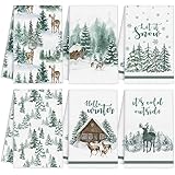 Ganeen 6 Pcs Snowy Winter Snowflake Kitchen Dish Towel Absorbent Tea Bar Hand Drying Cloth Christmas Kitchen Towels Woodland Dish Cloths for Kitchen Decoration, 16 x 24 Inches (Watercolor Style)
