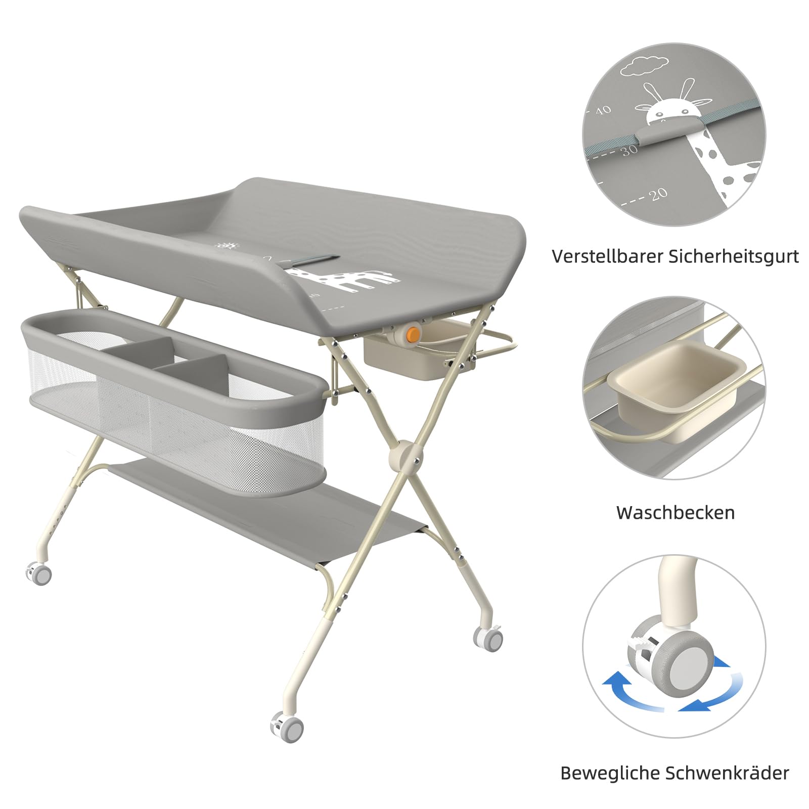 Supfine Cambiador plegable con almacenamiento, altura regulable en 5 niveles, cambiador móvil con cinturón de seguridad y barra para colgar, mesa para cambiar bebés (gris, 4 en 1)