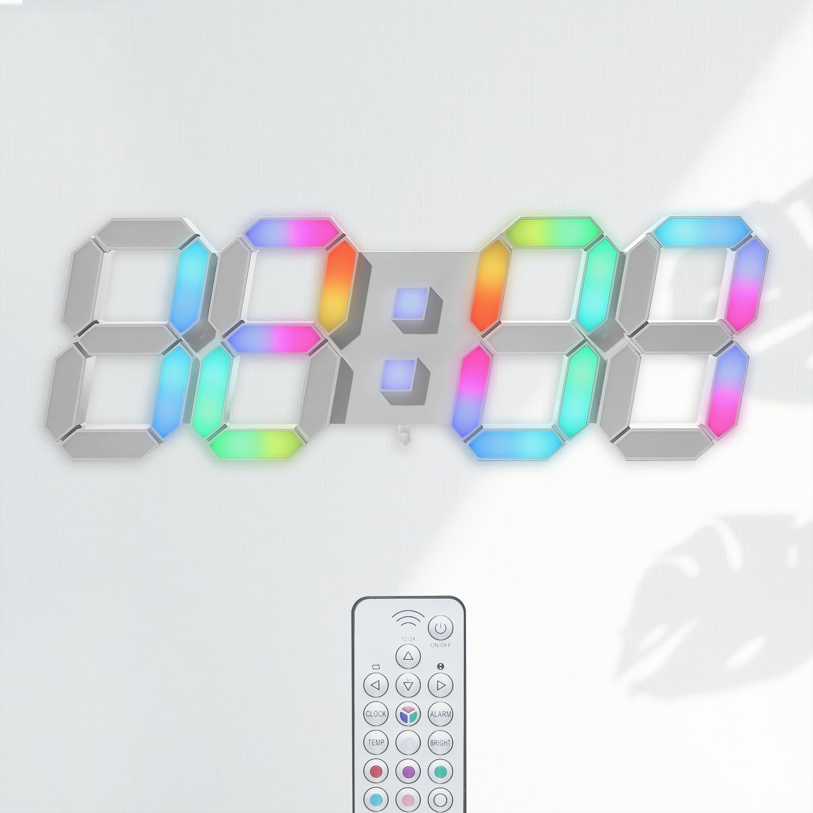 KOSUMOSU LED Wall Clock 15" RGB Digital LED Clock for Living Room Decor, Large Display Gaming Room Clocks, Dimming/12/24 Hr Time/Date/Temp/Remote (White Clock with Neon Light)