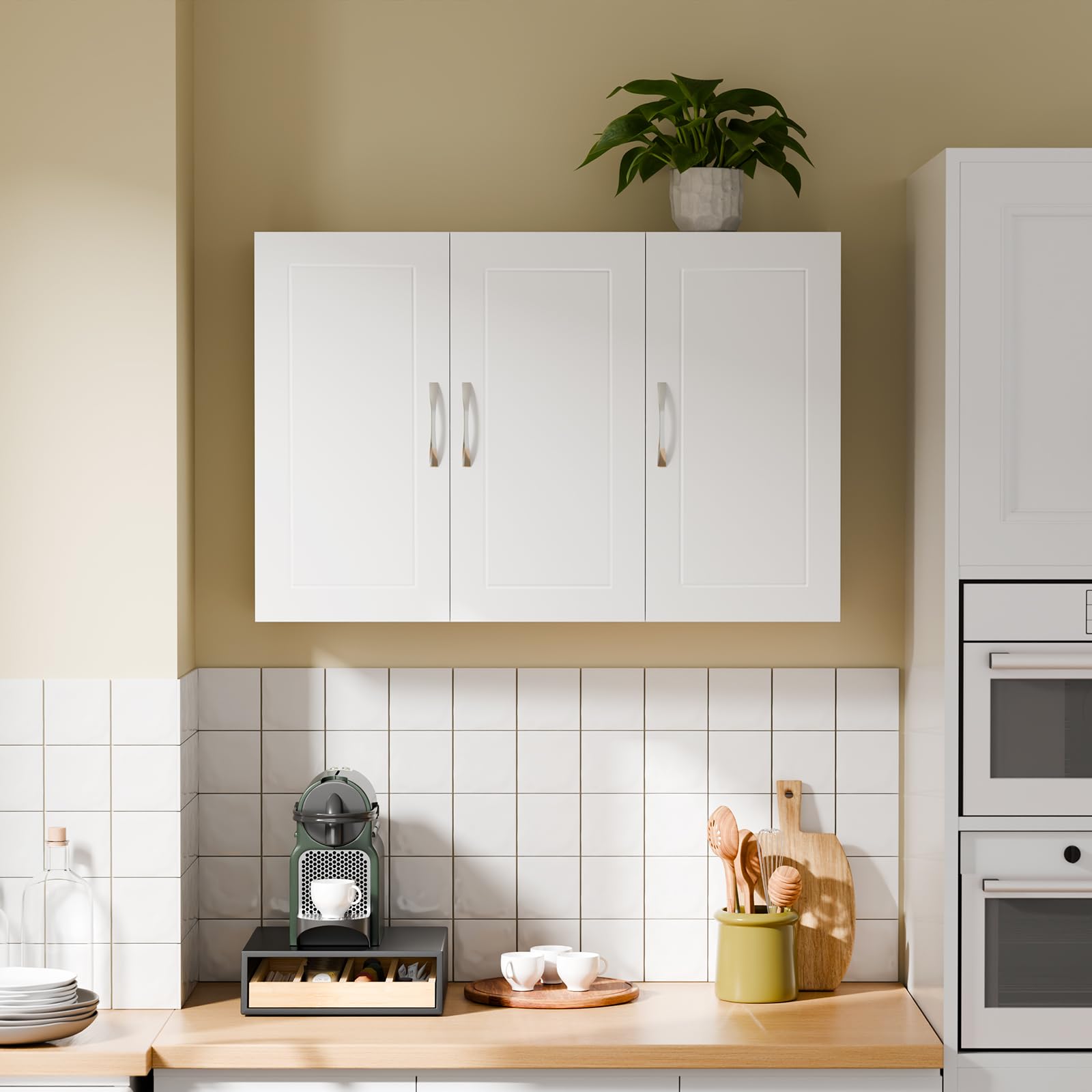 SoBuy Pensile Cucina Lungo Sospeso - Mobile Cucina con 3 Ante Bianco Mobile Pensile da Muro Salvaspazio in Legno 60x30x90 cm con Ripiani Regolabili Dispensa Moderna FRG231-L-W