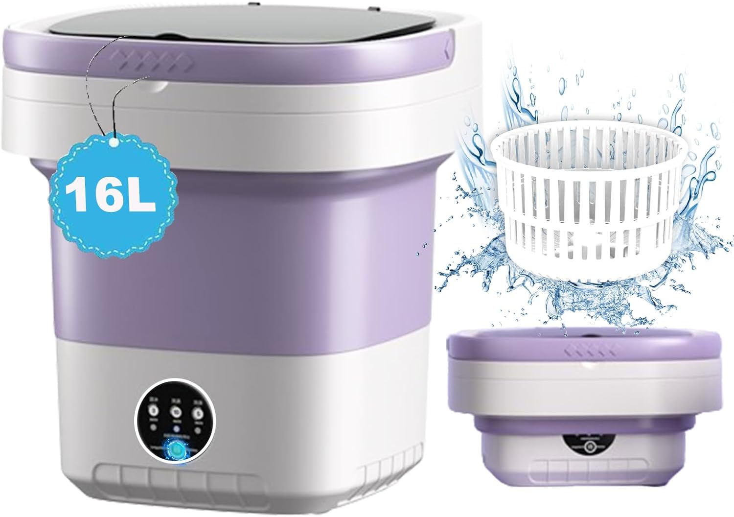 Mini Washing Machine, 16L Portable Small Laundry Machine with Spin for Underwear, Collapsible Washer and Dryer 2 in 1 for Travel,Apartment,RV (Purple)