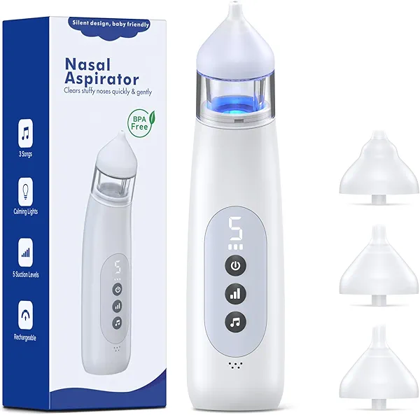 pudult Nasal Aspirator for Baby 5 Suction Levels Rechargeale Nose Sucker, Music and Light Silicone Nose Suction Battery Powered for Baby Girls Boy Adult Pets