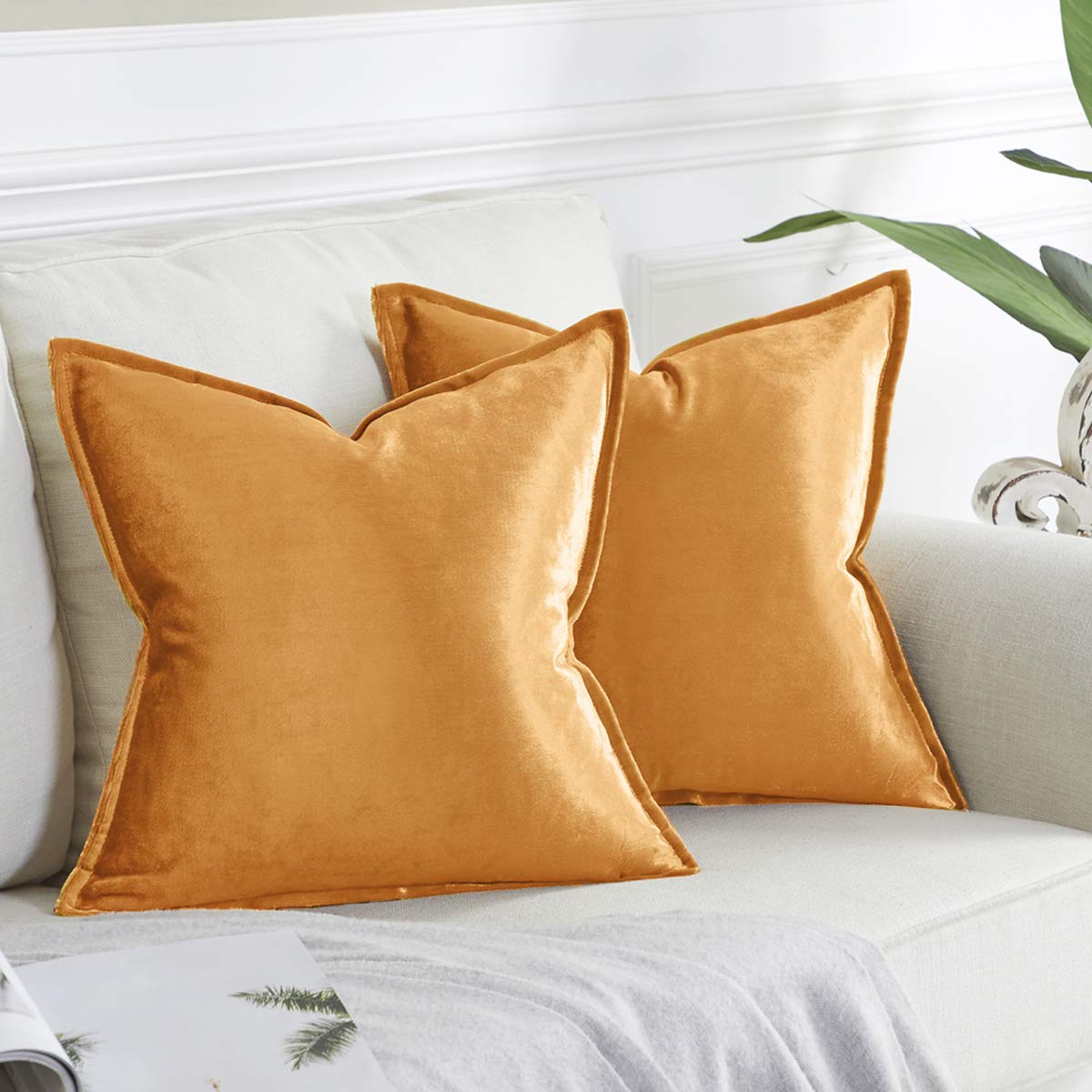 OMMATO Velvet Cushion Covers 40cm x 40cm Square Cinnamon Orange Decorative Throw Pillow Covers for Couch Sofa Living Room 16x16 2 Pack