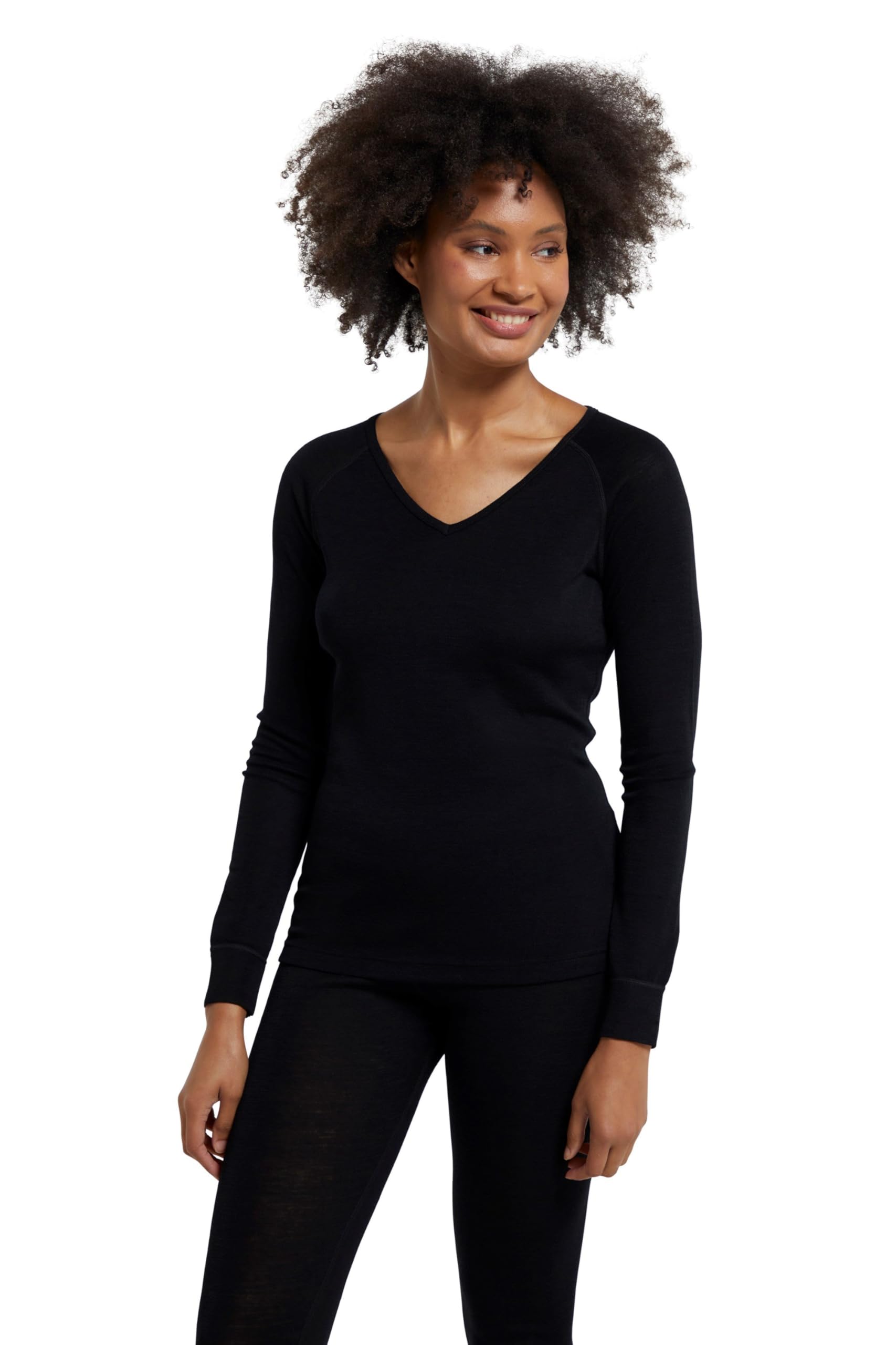 Mountain Warehouse Women's Black (V Neck) Merino Thermal Baselayer Top - Lightweight, Antibacterial & Breathable T Shirt - For Winter Travel, Hiking, Camping, Skiing, Snowboard Black 14