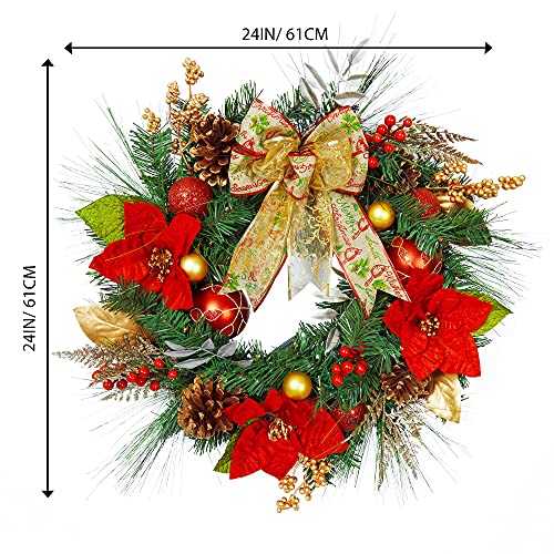 24" Prelit Christmas Wreath with Lights, Battery Operated Xmas Garland with Decorations, Wreath for Front Door Porch Wall Window Fireplace Outdoor Home Holiday Accent