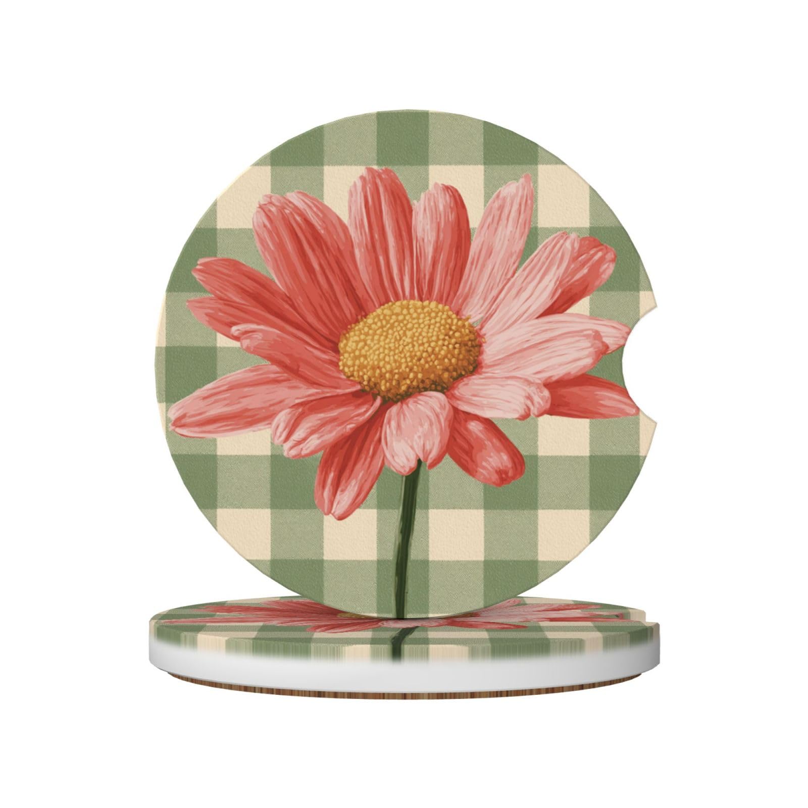 Pink Daisy On Green Cream Checkered Ceramic Coasters,2pcs