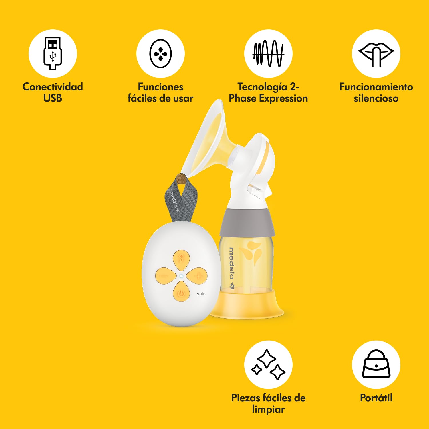 Medela extractor de leche eléctrico individual Solo, extracción silenciosa, recarga mediante USB, embudos PersonalFit Flex y tecnología 2-Phase Expression, Solo
