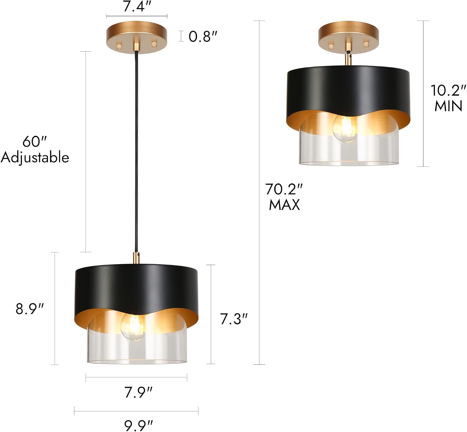 KSANA 10" 1-Light Black and Gold Pendant Light, Dual-Layer Drum Design with Clear Glass Shade, Modern Hanging Kitchen Island Mini Chandelier