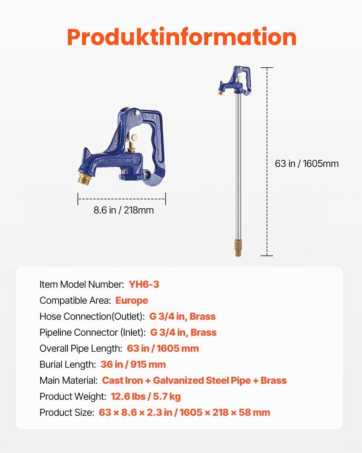 VEVOR Frostsicherer Gartenhydrant, 1,6 m Langer Außenwasserhahn mit 91,5 cm Eingrabungstiefe, G 3/4 Zoll Rohranschluss & G 3/4 Zoll Schlauchkupplung, für Bewässerung von Hof, Garten & Bauernhof