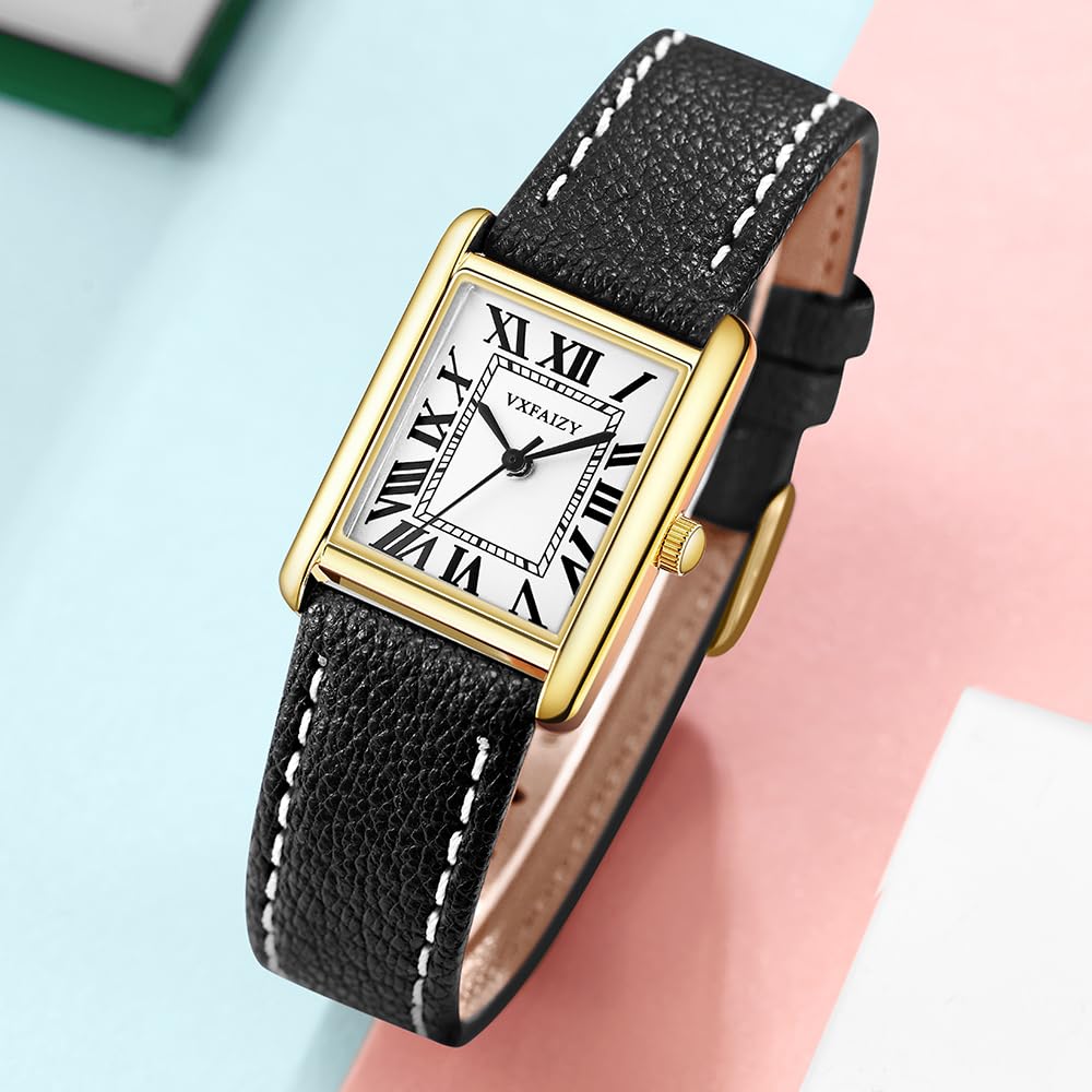 Montre Femme Rectangle Rétro Chiffres Romains Bracelet Cuir