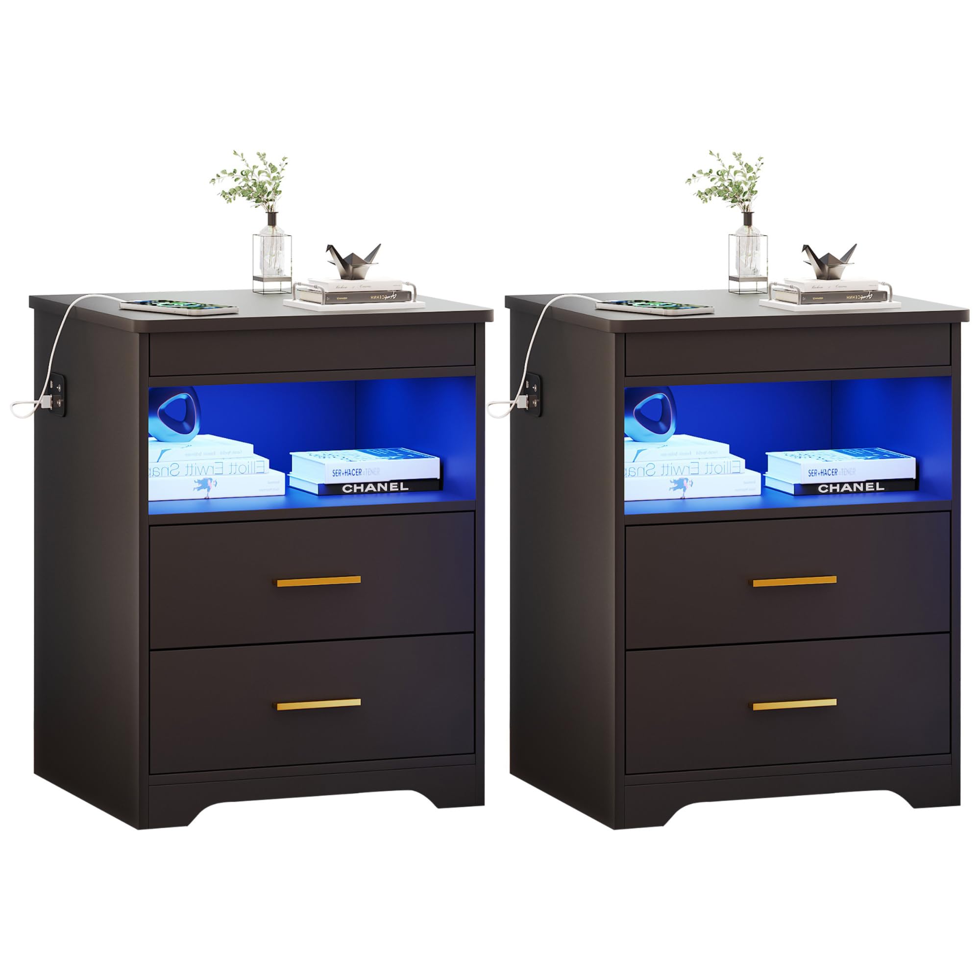 similar to picture/Nightstand Set of 2, Charging Bedside Table with USB & Type-C Port, LED Nightstand with Human Sensor Light, Modern End Table with Gun Drawers for Bedroom Office, Black